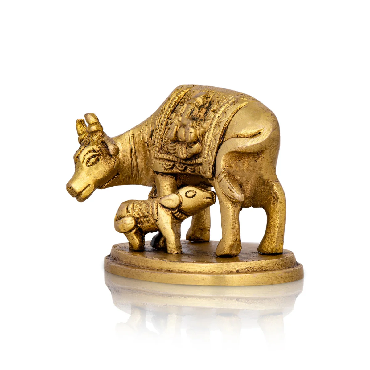 Kamdhenu Cow With Calf Idol With Base- 2 x 3.5 Inches | Brass Idol/Antique Polish Cow And Calf Statue for Home - Image 2