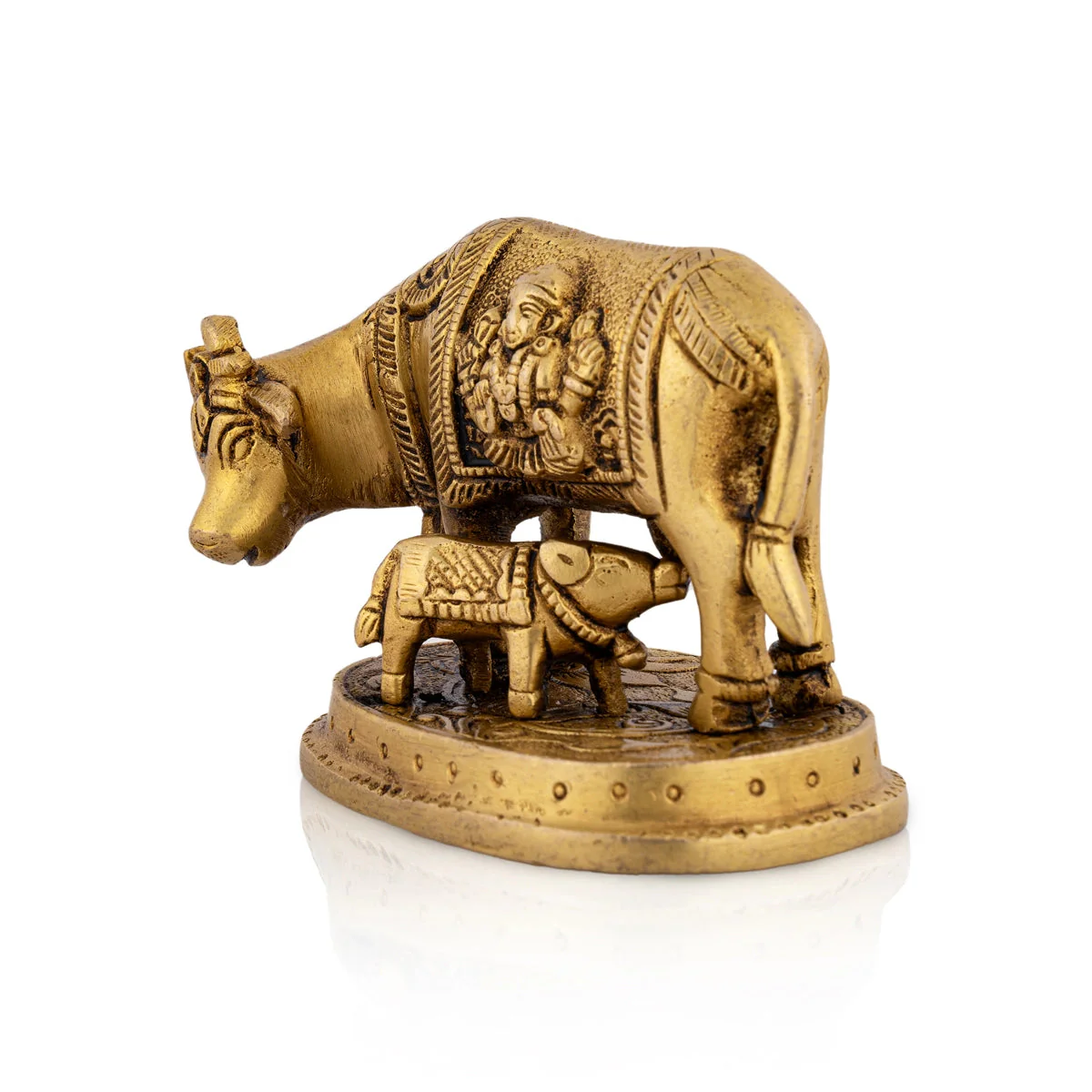 Kamdhenu Cow With Calf Idol With Base- 3 x 3.5 Inches | Brass Idol/ Antique Polish Cow And Calf Statue for Home - Image 2