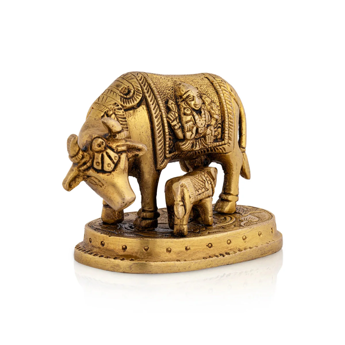 Kamdhenu Cow With Calf Idol With Base- 3 x 3.5 Inches | Brass Idol/ Antique Polish Cow And Calf Statue for Home - Image 3