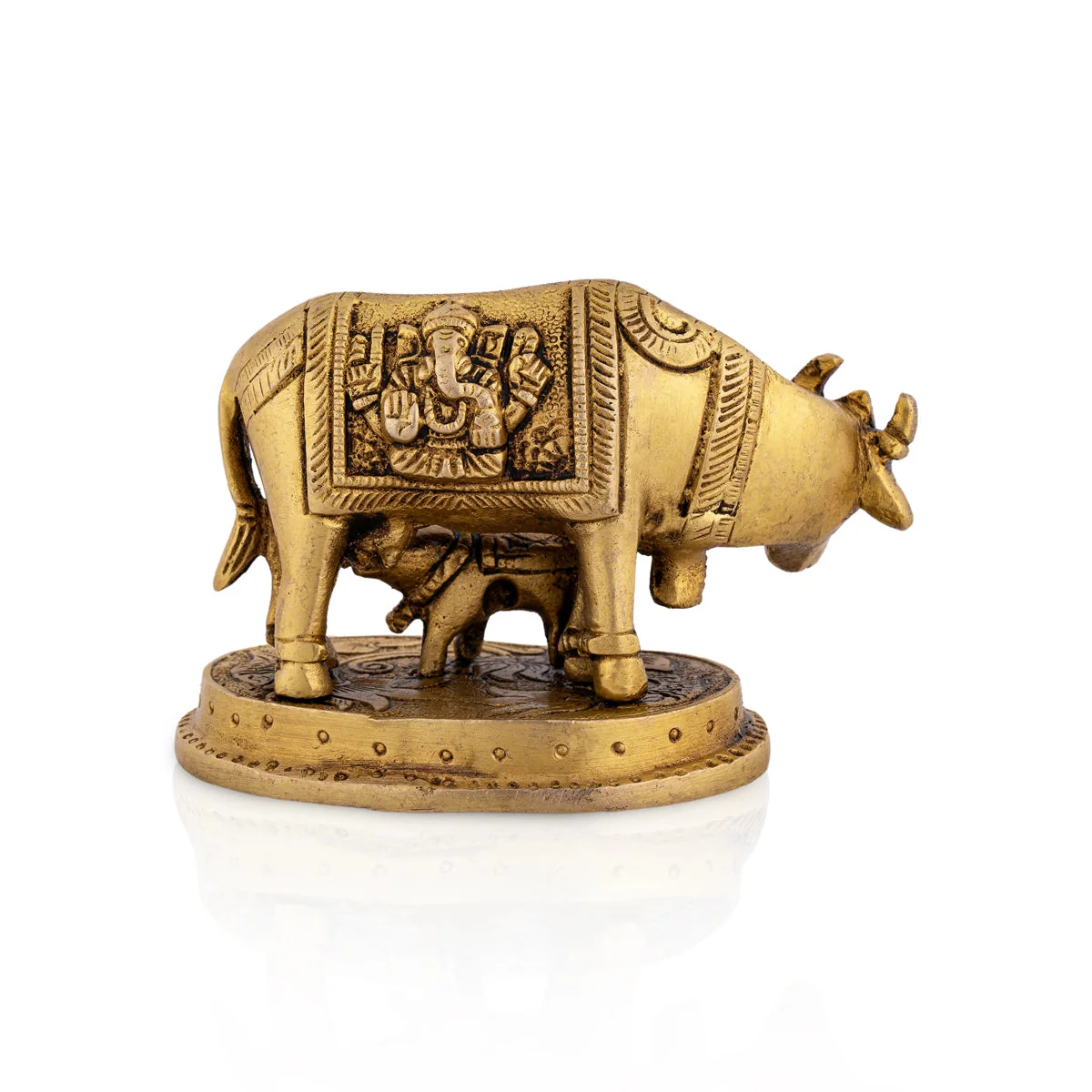 Kamdhenu Cow With Calf Idol With Base- 3 x 3.5 Inches | Brass Idol/ Antique Polish Cow And Calf Statue for Home - Image 4