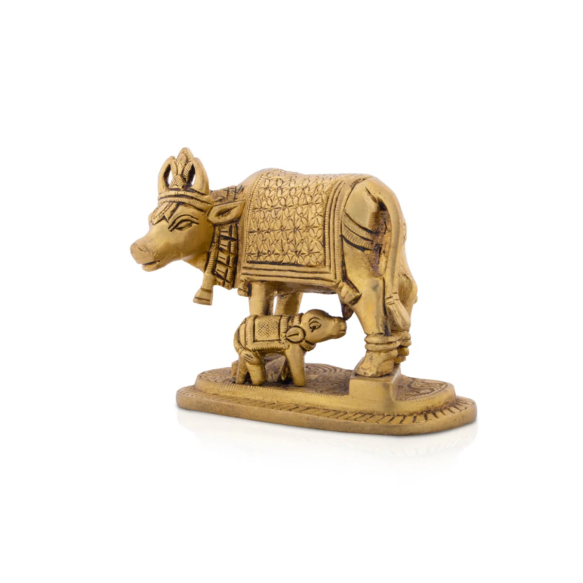 Kamdhenu Cow With Calf Idol With Base- 4 x 4.75 Inches | Brass Idol/Antique Polish Cow And Calf Statue for Home - Image 3