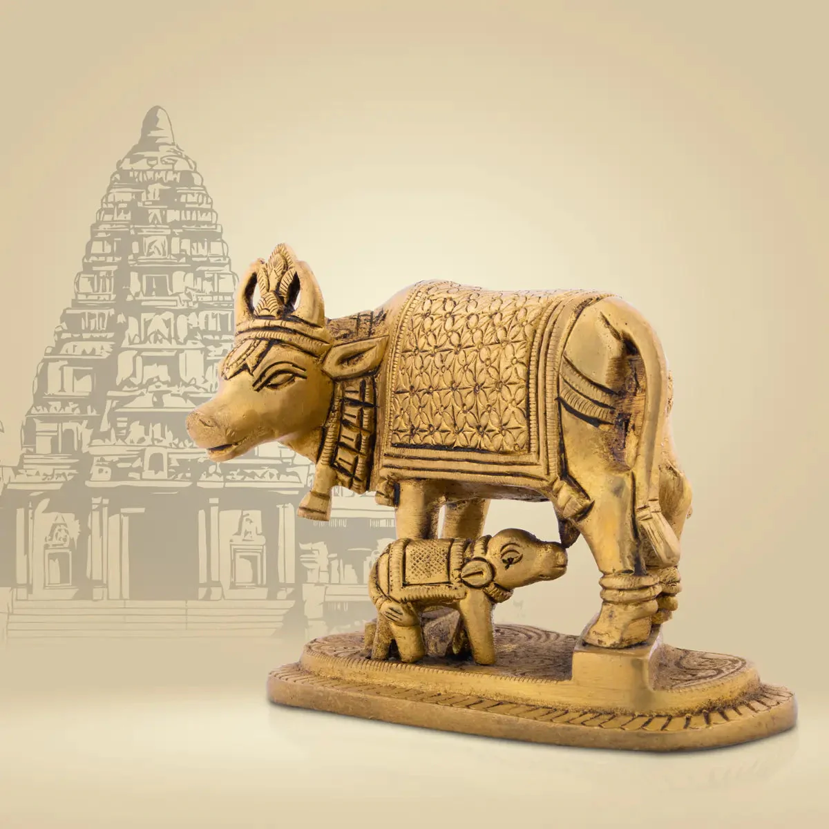 Kamdhenu Cow With Calf Idol With Base- 4 x 4.75 Inches | Brass Idol/Antique Polish Cow And Calf Statue for Home - Image 5