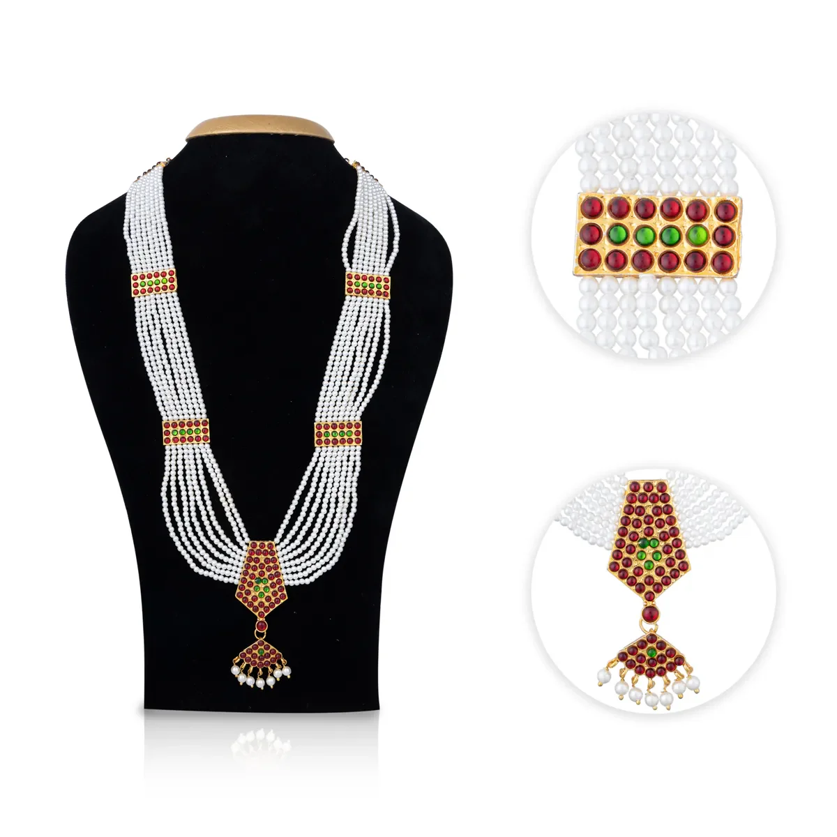 Kemp Moti Mala - 12.5 Inches | Stone Design Bharatanatyam Jewellery/ 8 Line Pearl Mala For Dance - Image 3