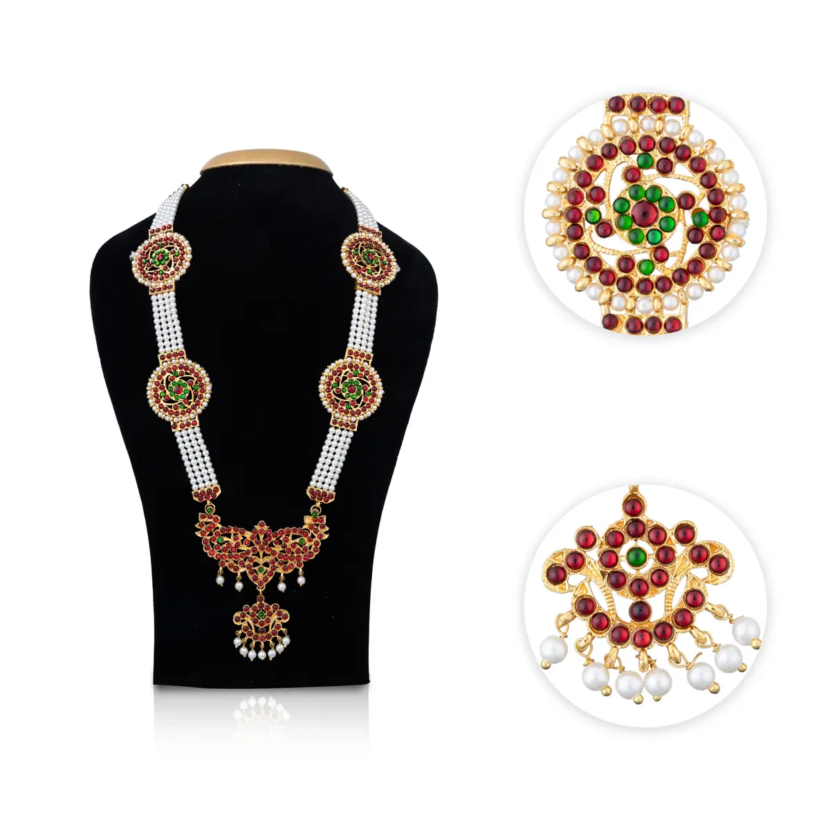 Kemp Moti Mala - 12 Inches | Stone Design Bharatanatyam Jewellery/ 4 Line Pearl Mala For Dance - Image 2
