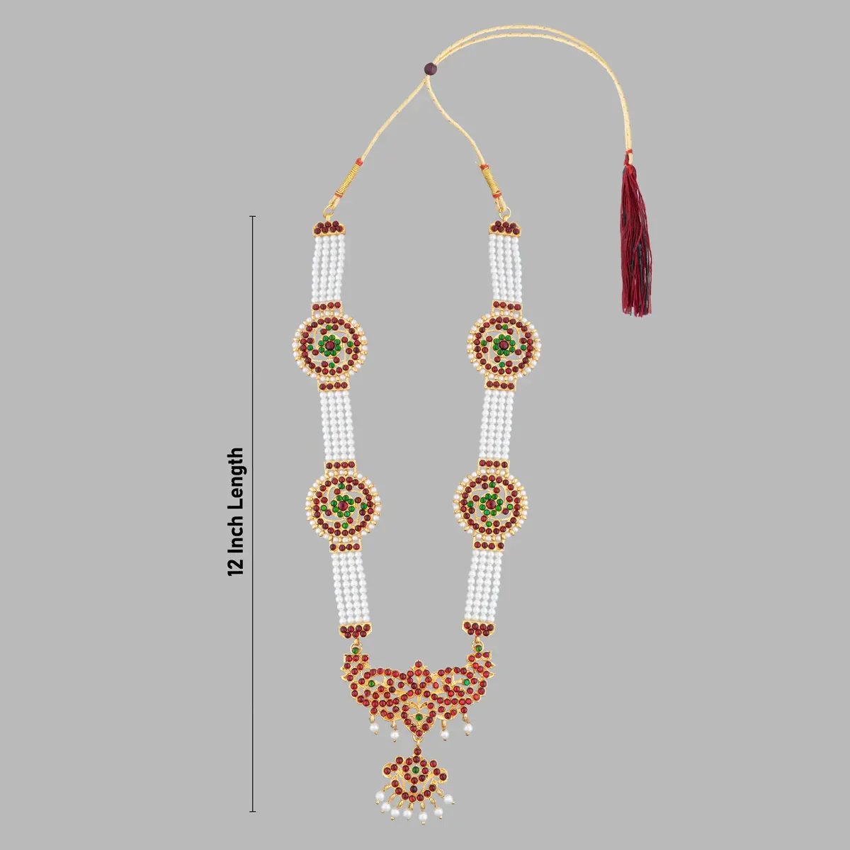 Kemp Moti Mala - 12 Inches | Stone Design Bharatanatyam Jewellery/ 4 Line Pearl Mala For Dance - Image 3