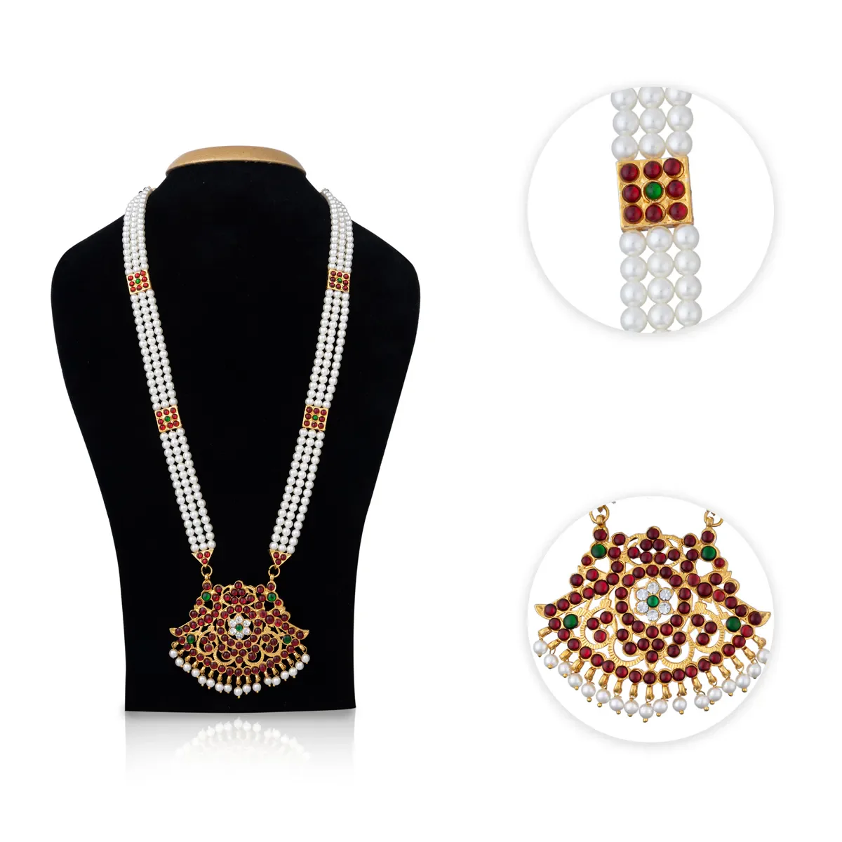 Kemp Moti Mala - 13 Inches | Stone Design Bharatanatyam Jewellery/ 3 Line Pearl Mala For Dance - Image 2