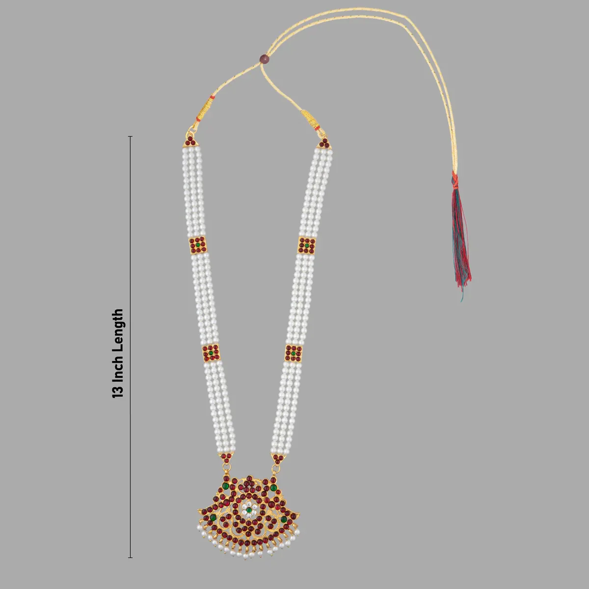 Kemp Moti Mala - 13 Inches | Stone Design Bharatanatyam Jewellery/ 3 Line Pearl Mala For Dance - Image 3
