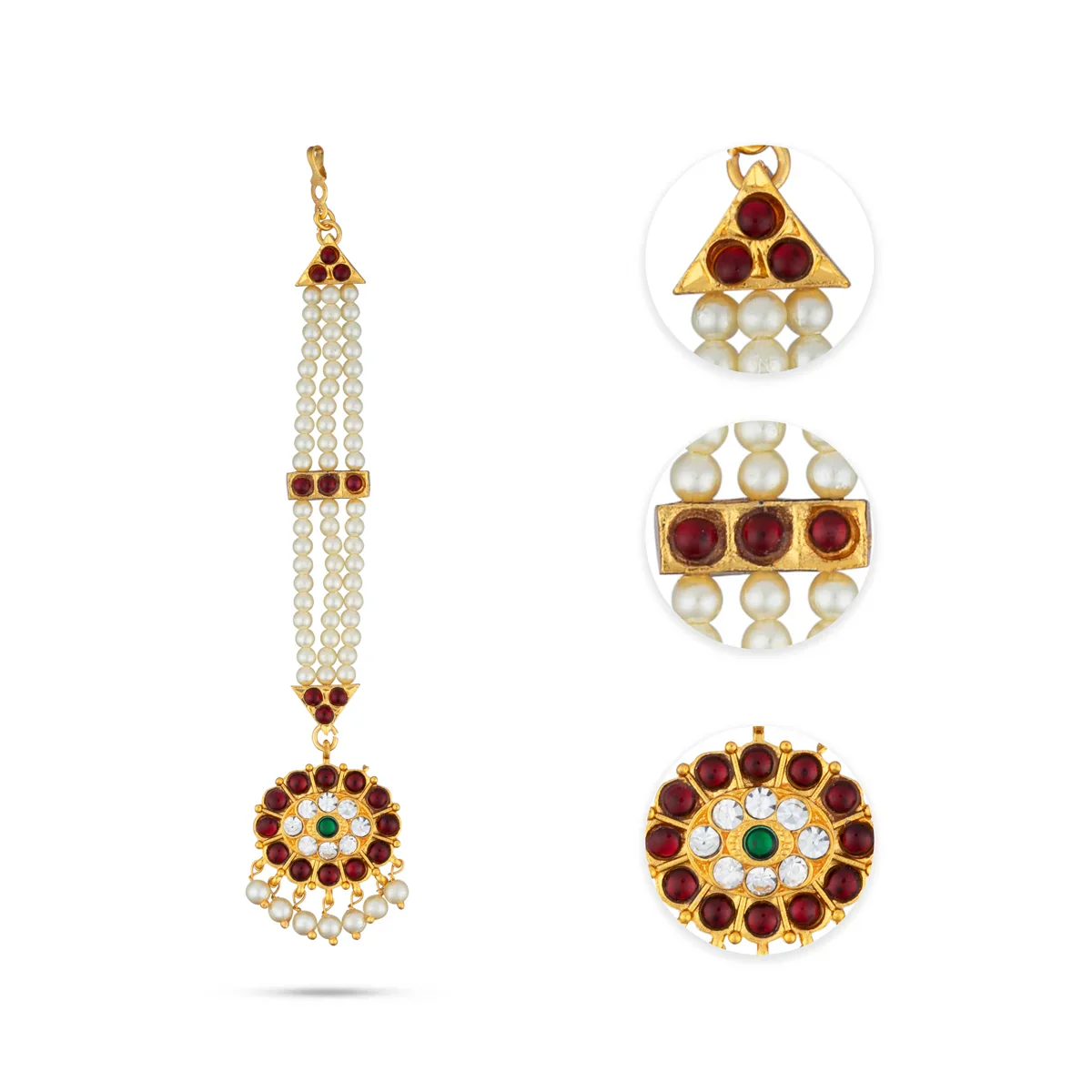 Kemp Nethi Chutti - 7 Inches | Kemp Jewellery/ 3 Lines Pearl with Stone Mangtika for Women - Image 2