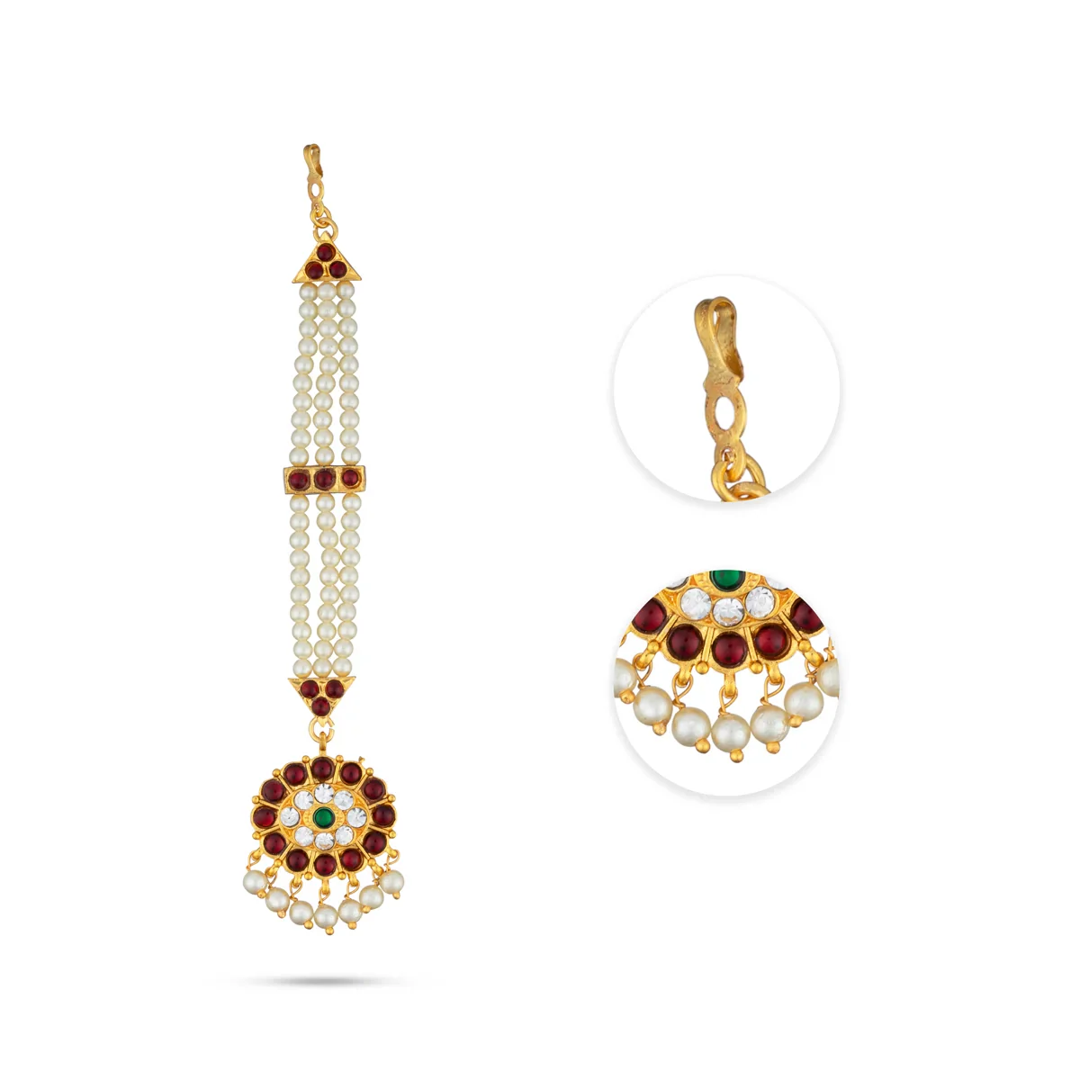 Kemp Nethi Chutti - 7 Inches | Kemp Jewellery/ 3 Lines Pearl with Stone Mangtika for Women - Image 3