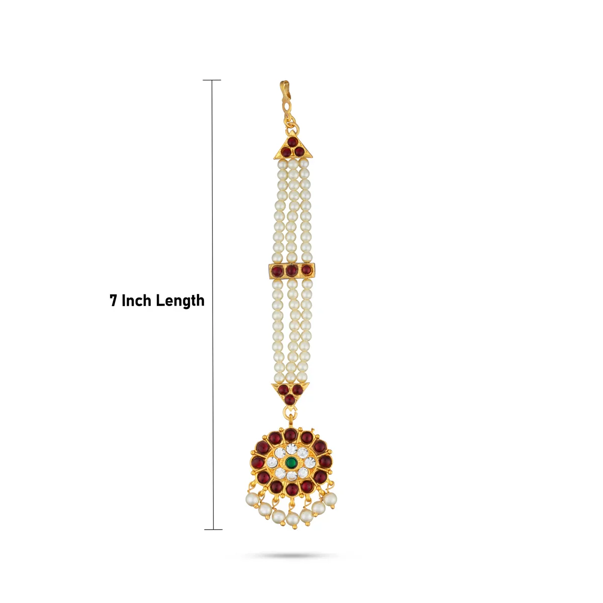 Kemp Nethi Chutti - 7 Inches | Kemp Jewellery/ 3 Lines Pearl with Stone Mangtika for Women - Image 4