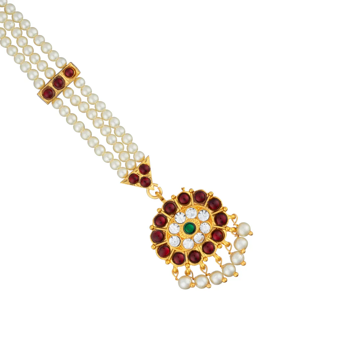 Kemp Nethi Chutti - 7 Inches | Kemp Jewellery/ 3 Lines Pearl with Stone Mangtika for Women - Image 5