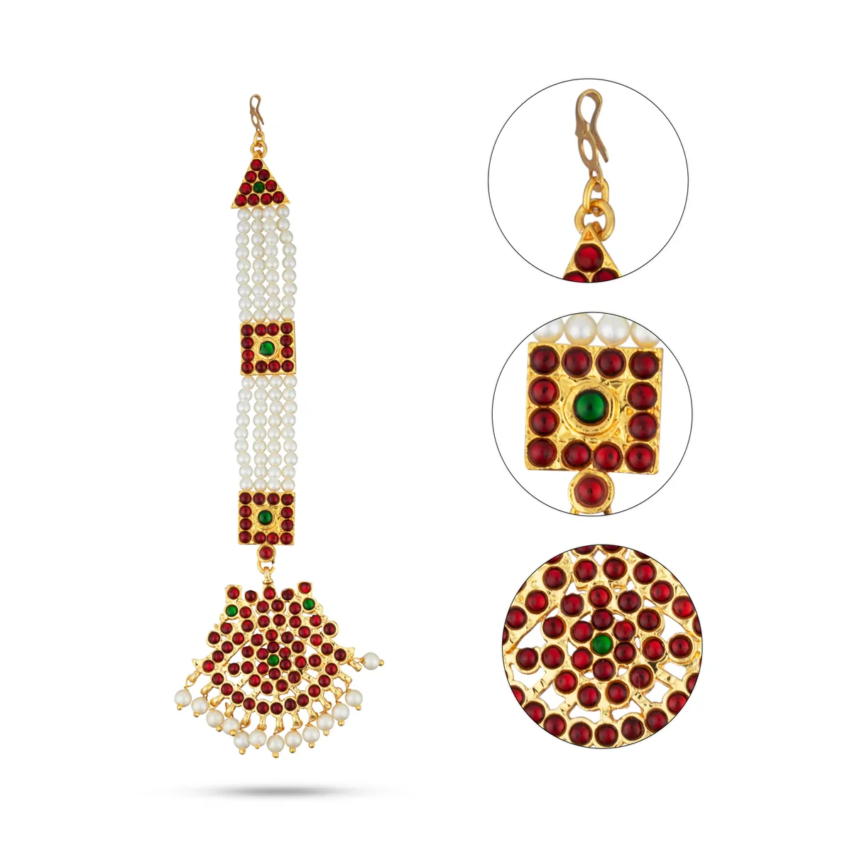 Kemp Nethi Chutti - 7 Inches | Kemp Jewellery/ 4 Lines Pearl with Stone Mangtika for Women - Image 2