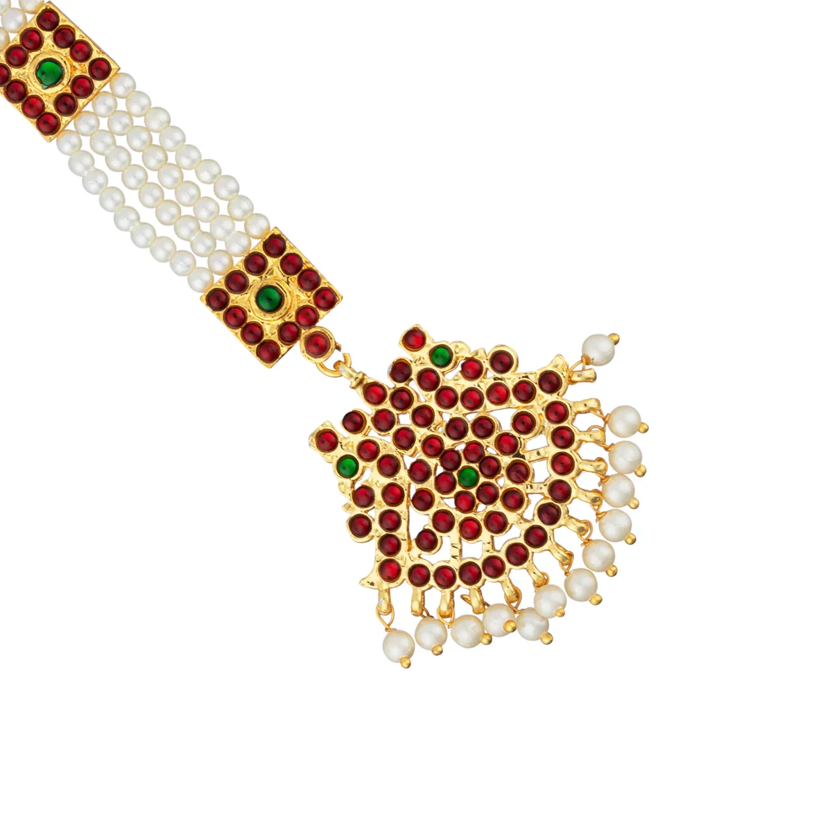 Kemp Nethi Chutti - 7 Inches | Kemp Jewellery/ 4 Lines Pearl with Stone Mangtika for Women - Image 4