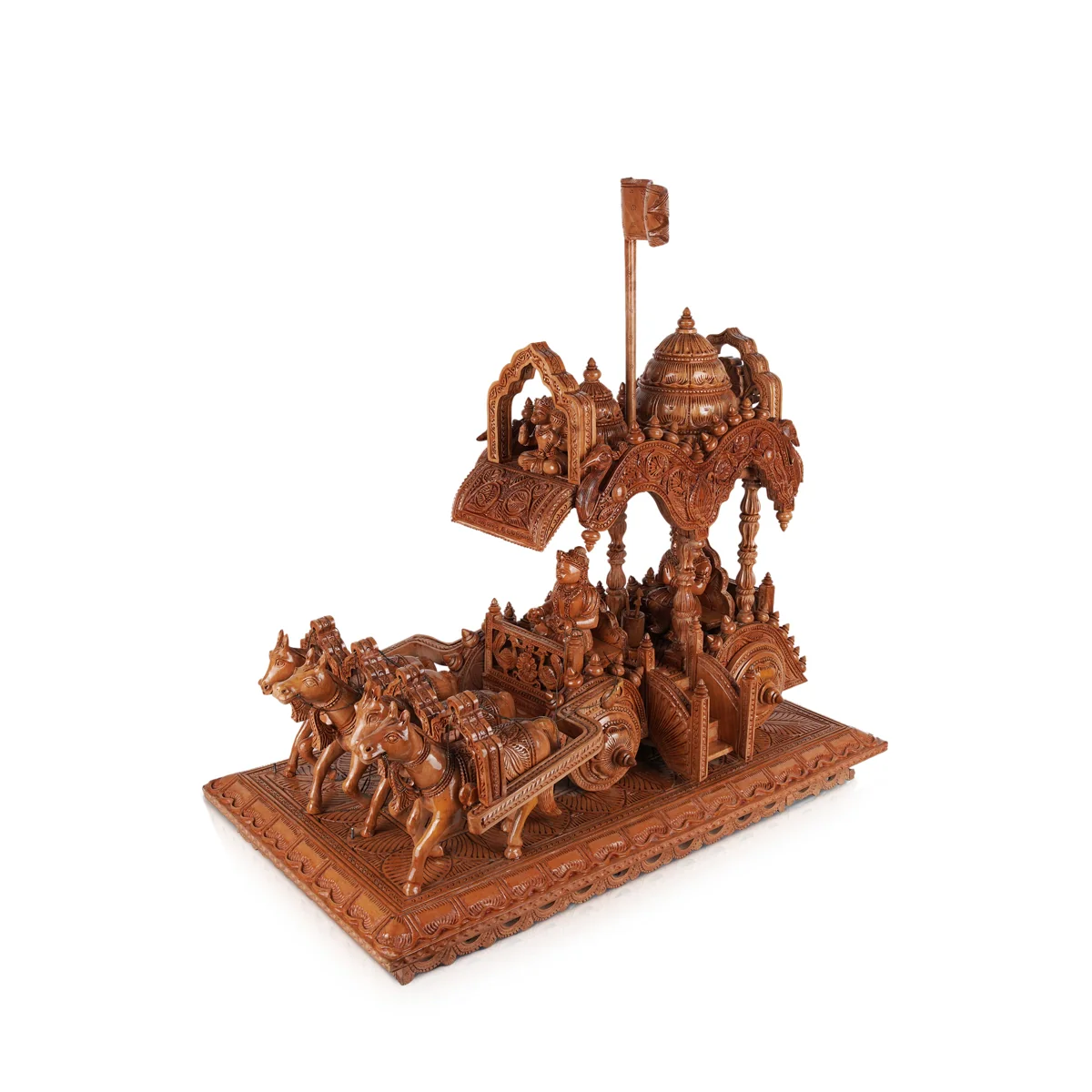 Krishna Arjun Rath Statue - 20 x 23 Inches | Wood Sculpture/ Handmade Arjun Nath Chariot for Home - Image 3