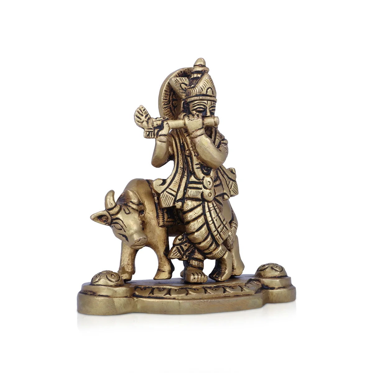 Krishna Murti With Cow - 4.5 x 4 Inches | Antique Brass Idol/ Krishna Idol Standing On Base for Pooja - Image 2