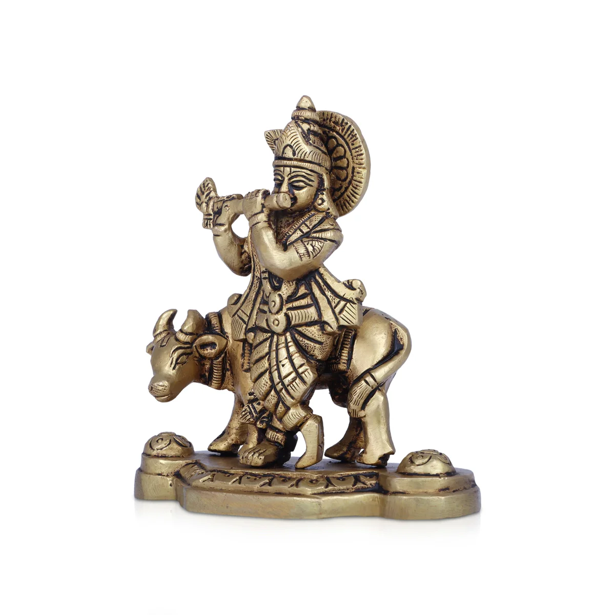 Krishna Murti With Cow - 4.5 x 4 Inches | Antique Brass Idol/ Krishna Idol Standing On Base for Pooja - Image 3
