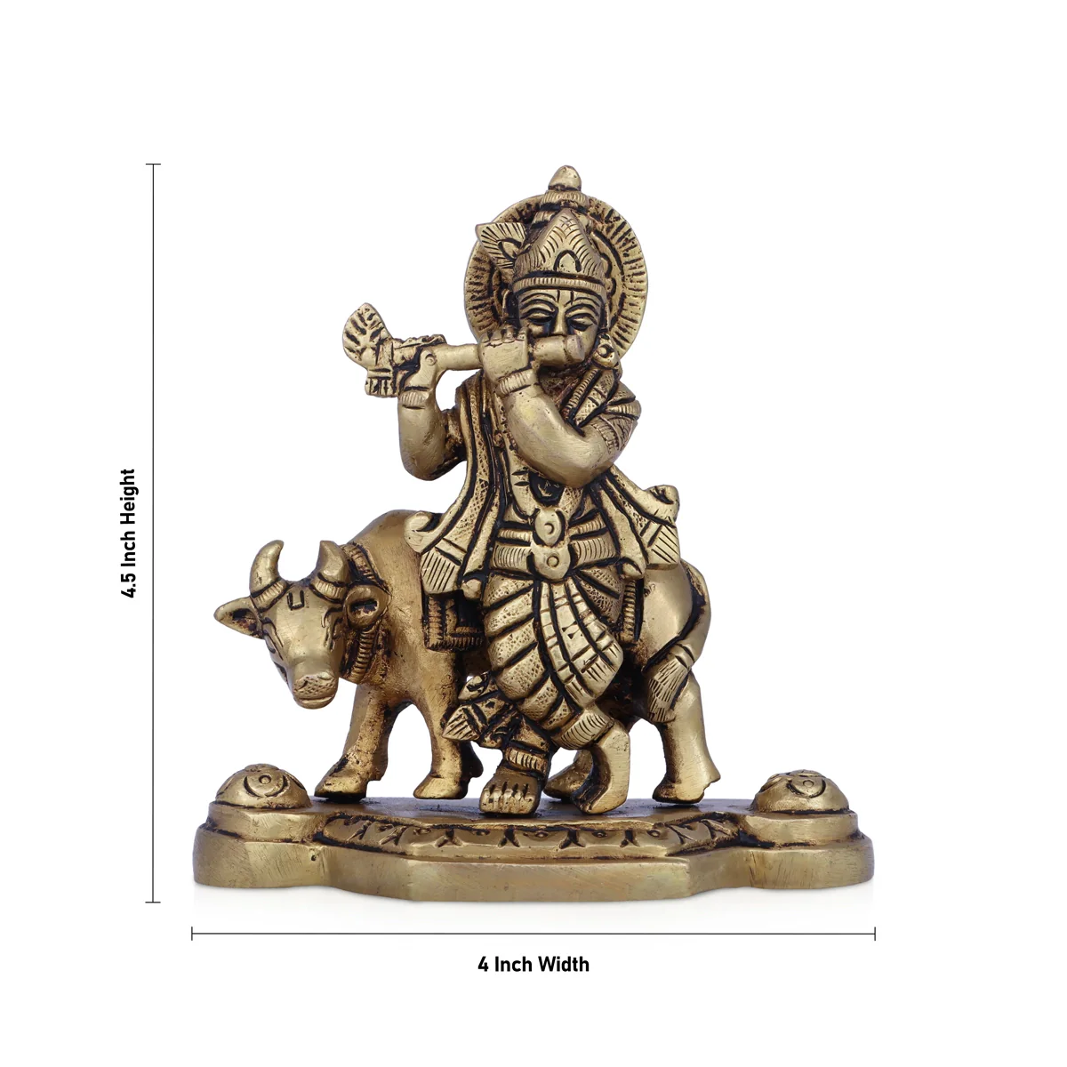Krishna Murti With Cow - 4.5 x 4 Inches | Antique Brass Idol/ Krishna Idol Standing On Base for Pooja - Image 5