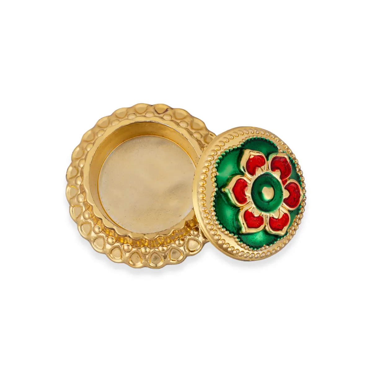 Kumkum Box Set - 1.5 Inches Dia | Kumkum Bharani/ 12 Pcs/ Gold Polish Sindoor Pot for Women/ Assorted Design - Image 3