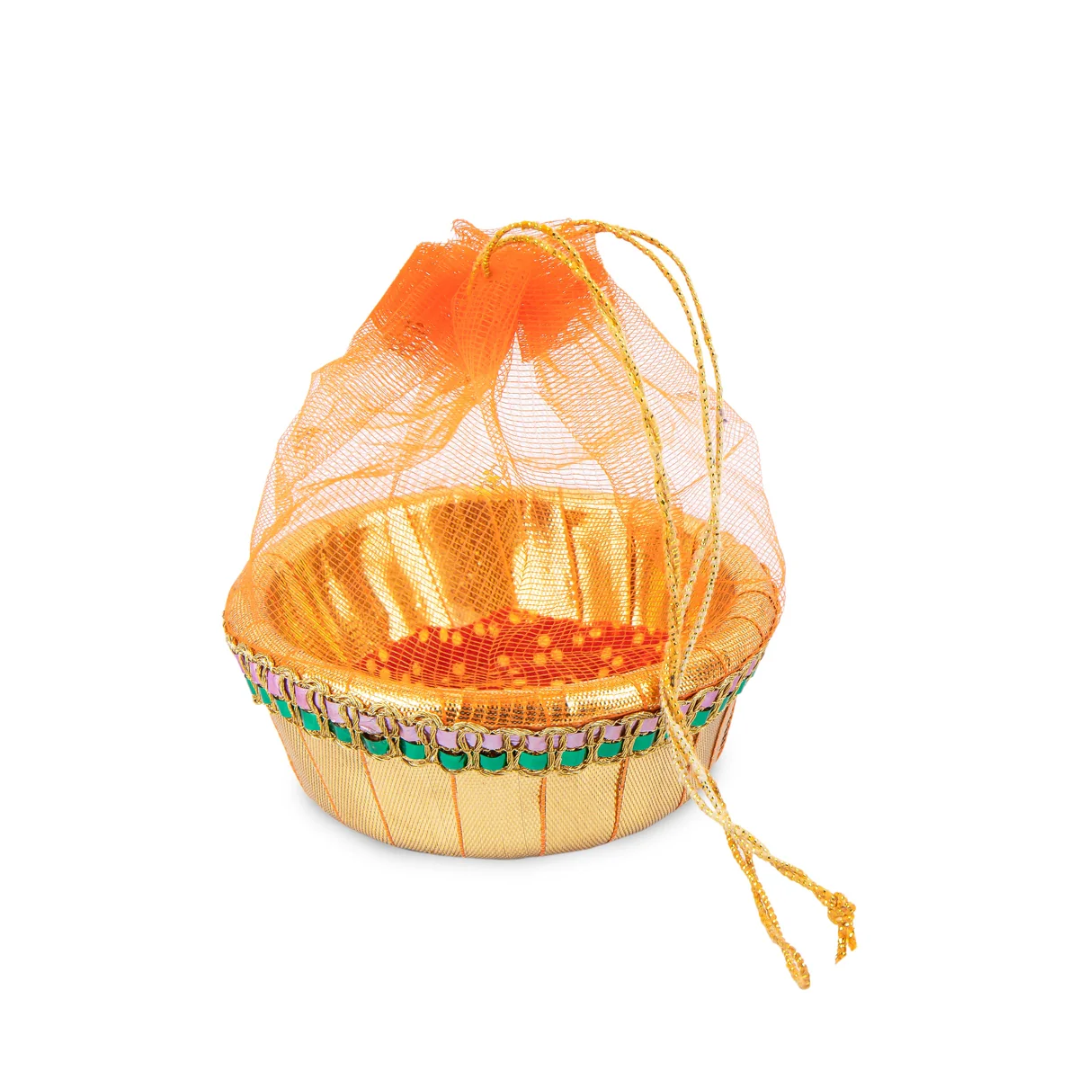 Decorative Tokri Basket With Net Cover- 3 x 3.75 Inches | Gift Hamper Basket/Chocolate Gift Basket For Storage