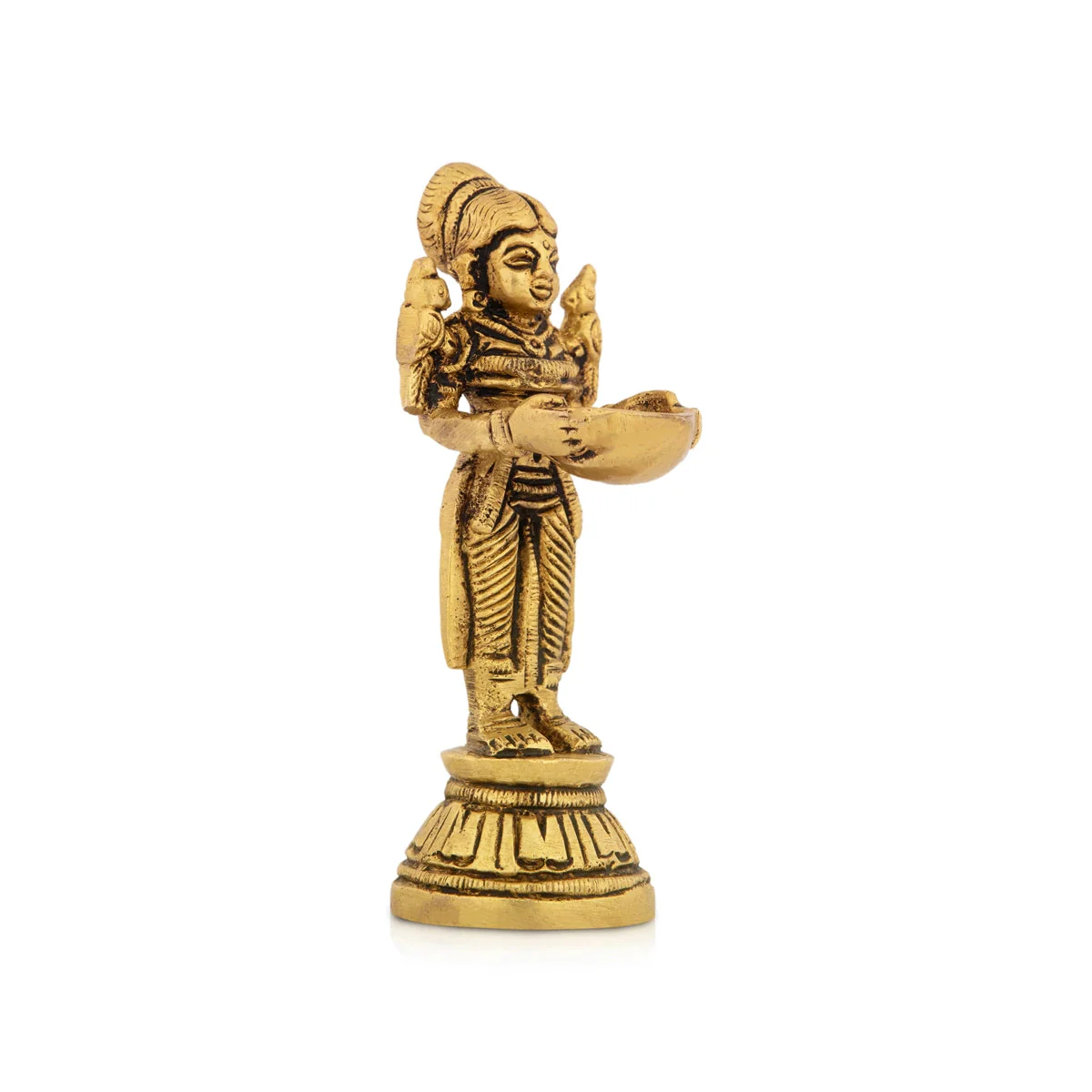 Lady Holding With Brass Lamp - 4 x 1.5 Inches | Antique Polish Vilakku/ Brass Pooja Diya/ Brass Deepam for Home - Image 2