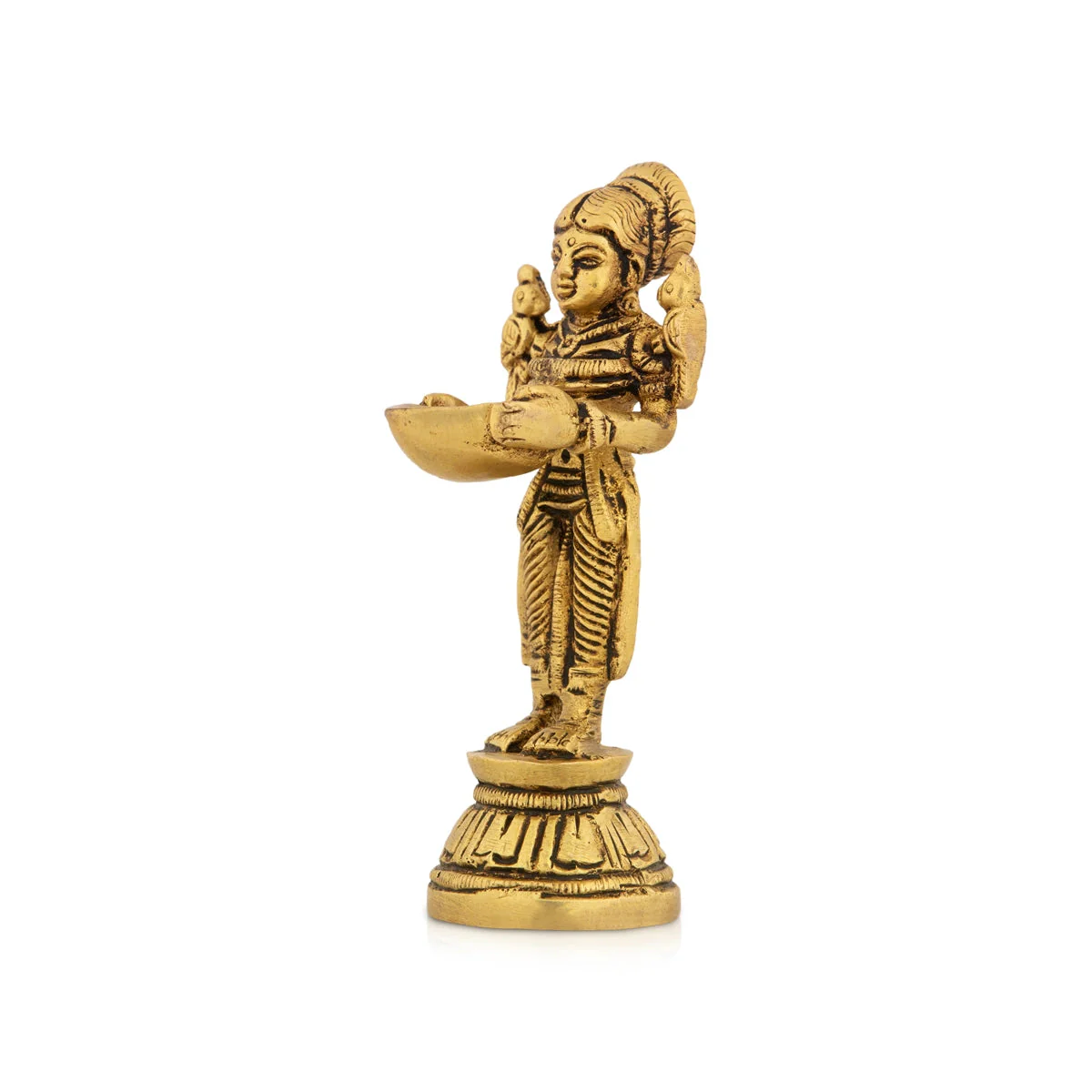 Lady Holding With Brass Lamp - 4 x 1.5 Inches | Antique Polish Vilakku/ Brass Pooja Diya/ Brass Deepam for Home - Image 3