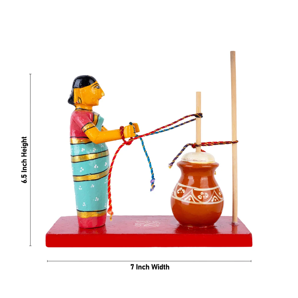 Lady Making Butter Kondapalli Bommalu - 6.5 x 7 Inches | Handmade Showpiece/ Wooden Statue for Home Decor - Image 5