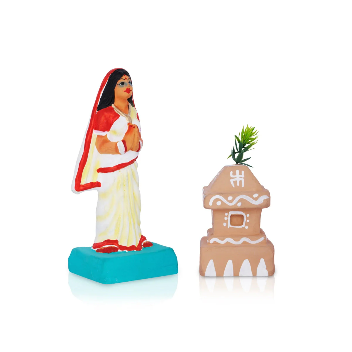 Lady With Tulasi Maadam Clay Golu Bommai Pair- 5 X 2.5 Inches | Navaratri Gombe/ Giri Golu Doll/Navratri Decor