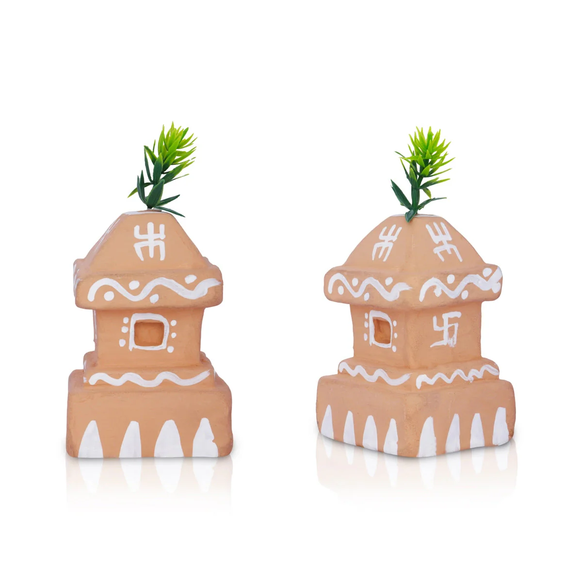Lady With Tulasi Maadam Clay Golu Bommai Pair- 5 X 2.5 Inches | Navaratri Gombe/ Giri Golu Doll/Navratri Decor - Image 2