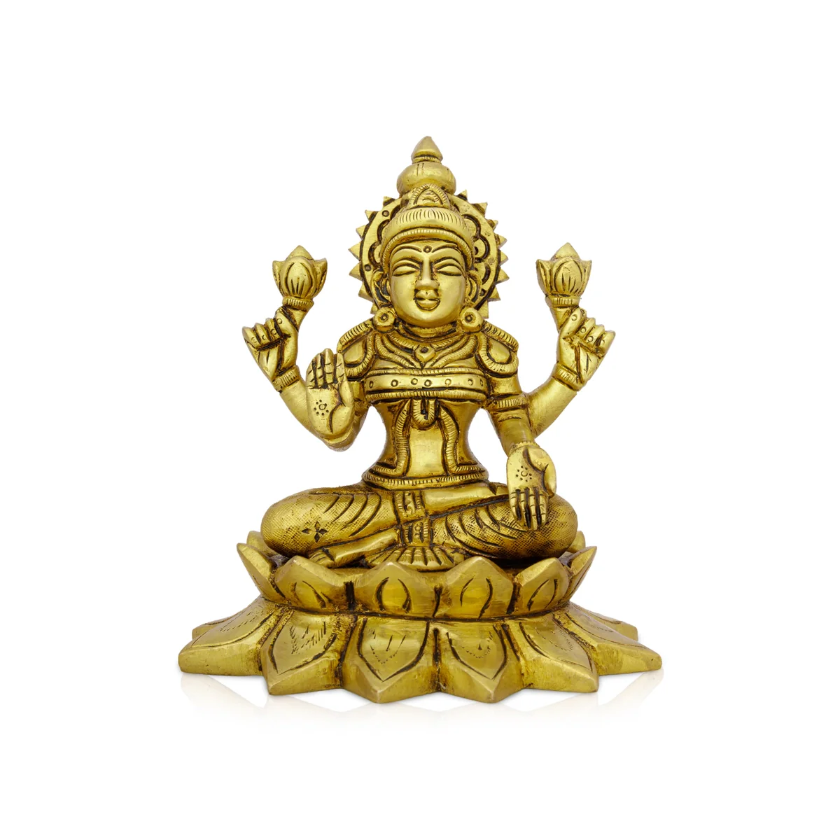 Lakshmi Idol Sitting On Lotus Base - 5.5 x 4.5 Inches | Antique Brass Idol/ Laxmi Murti for Pooja