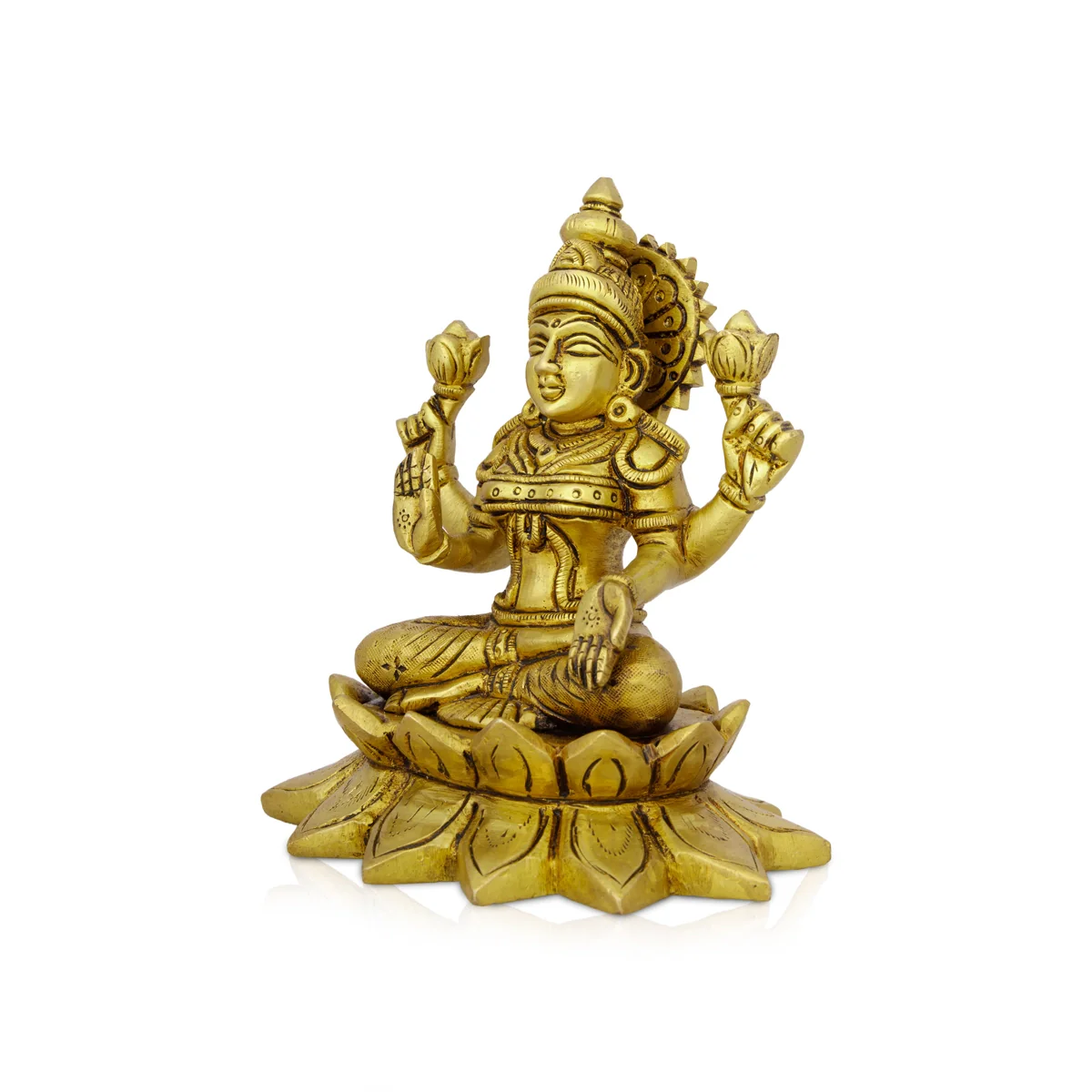 Lakshmi Idol Sitting On Lotus Base - 5.5 x 4.5 Inches | Antique Brass Idol/ Laxmi Murti for Pooja - Image 2