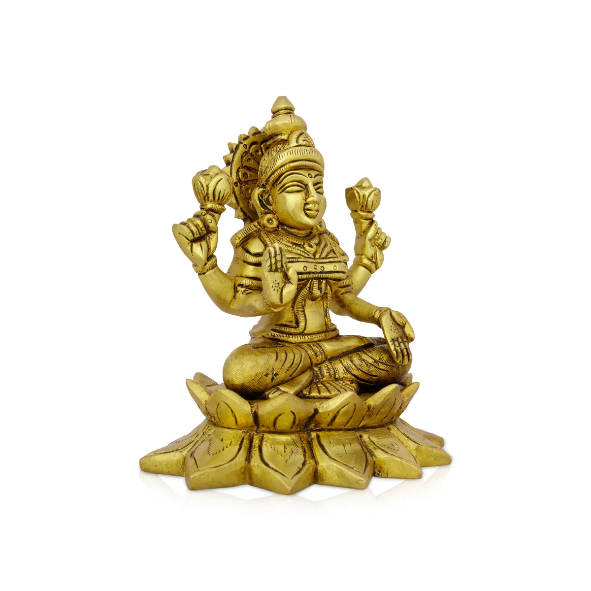 Lakshmi Idol Sitting On Lotus Base - 5.5 x 4.5 Inches | Antique Brass Idol/ Laxmi Murti for Pooja - Image 3