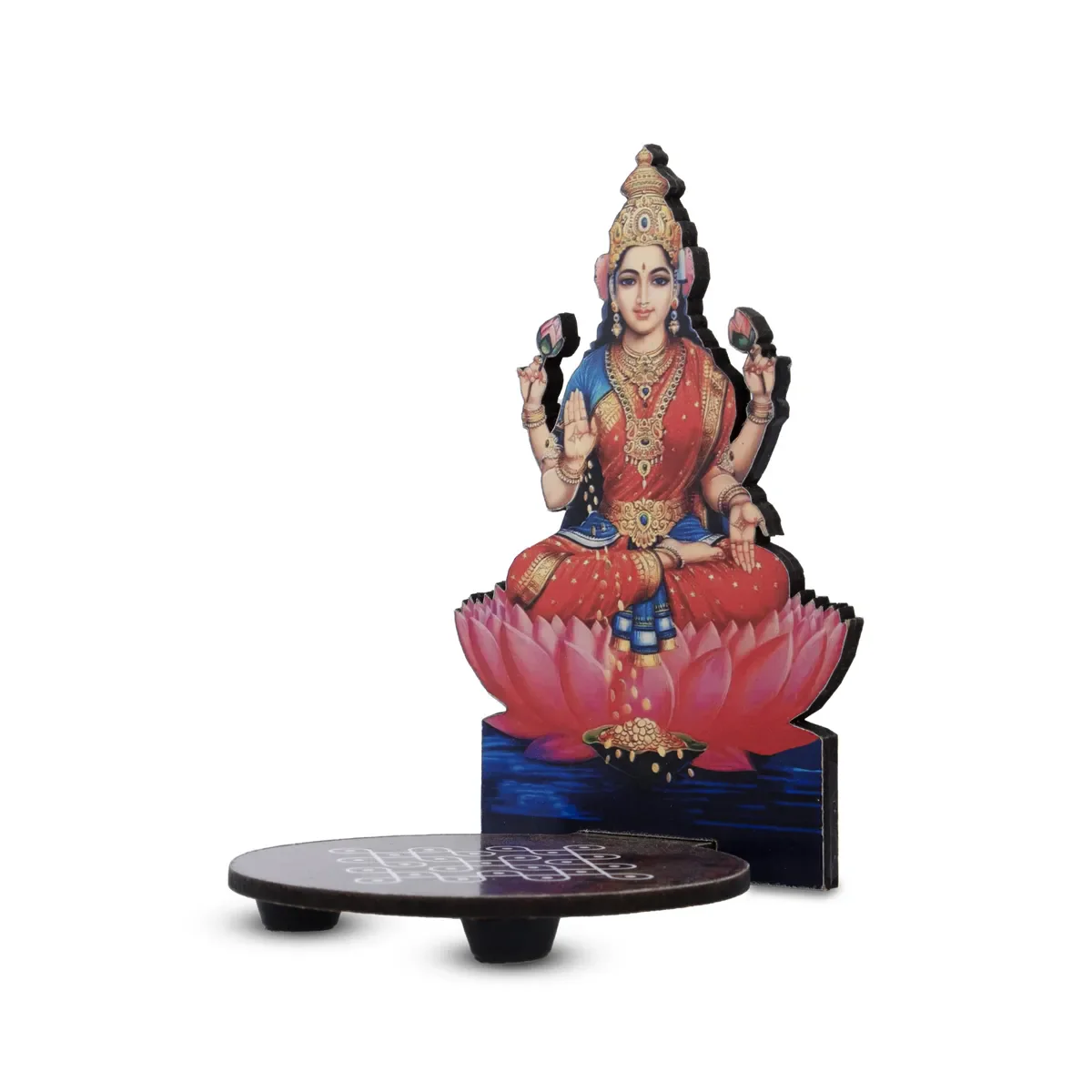 Lakshmi Murti With Kolam Stand - 5 X 4 Inches | Deity With Rangoli Design Wooden Bajot For Pooja Room Decor - Image 2