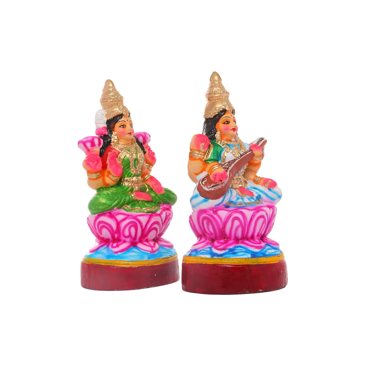 Lakshmi Saraswati Clay Golu Bommai Pair - 10 x 5 Inches | Giri Golu Doll/ Navaratri Golu Bomma/Gombe/Bommai - Image 4