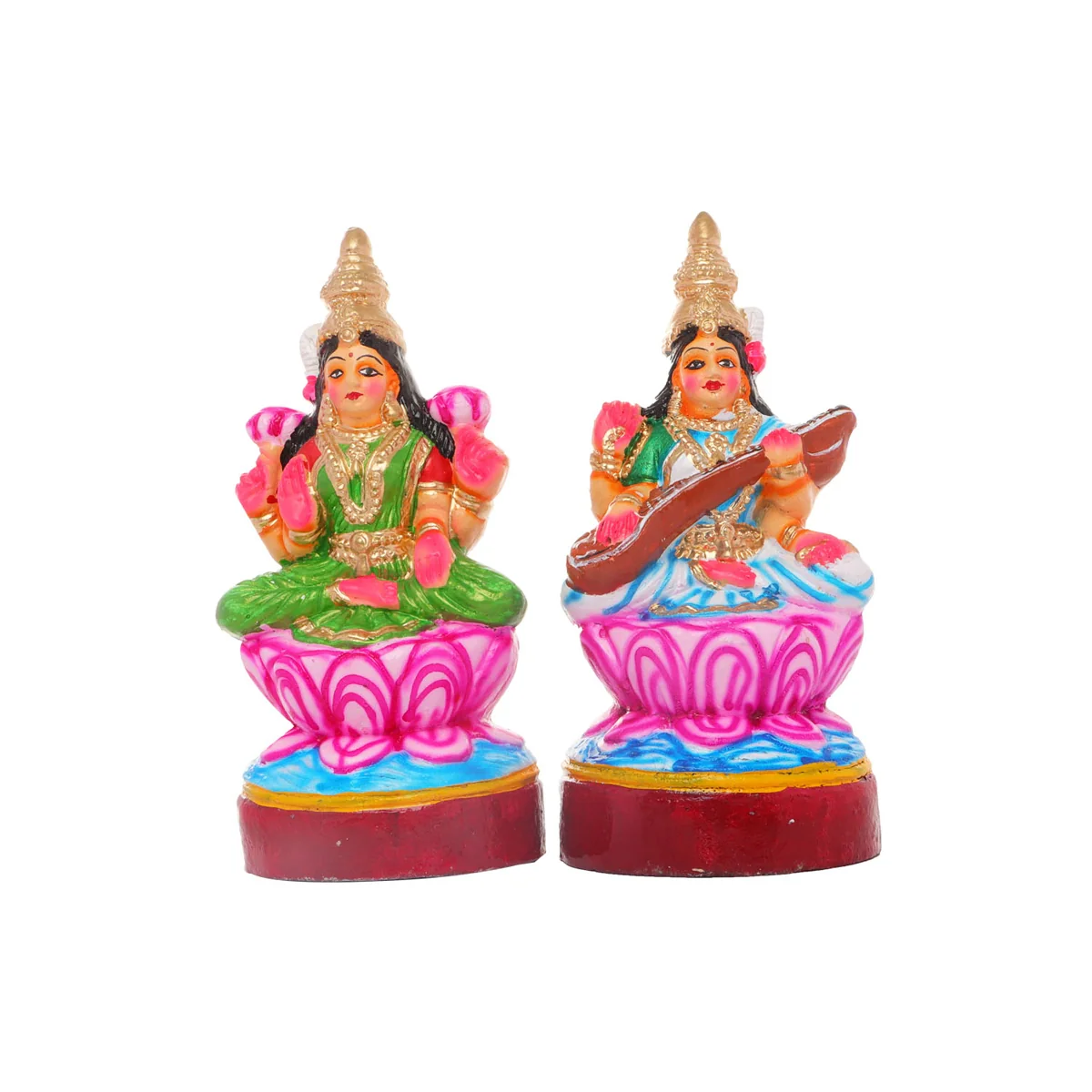 Lakshmi Saraswati Clay Golu Bommai Pair - 10 x 5 Inches | Giri Golu Doll/ Navaratri Golu Bomma/Gombe/Bommai - Image 5