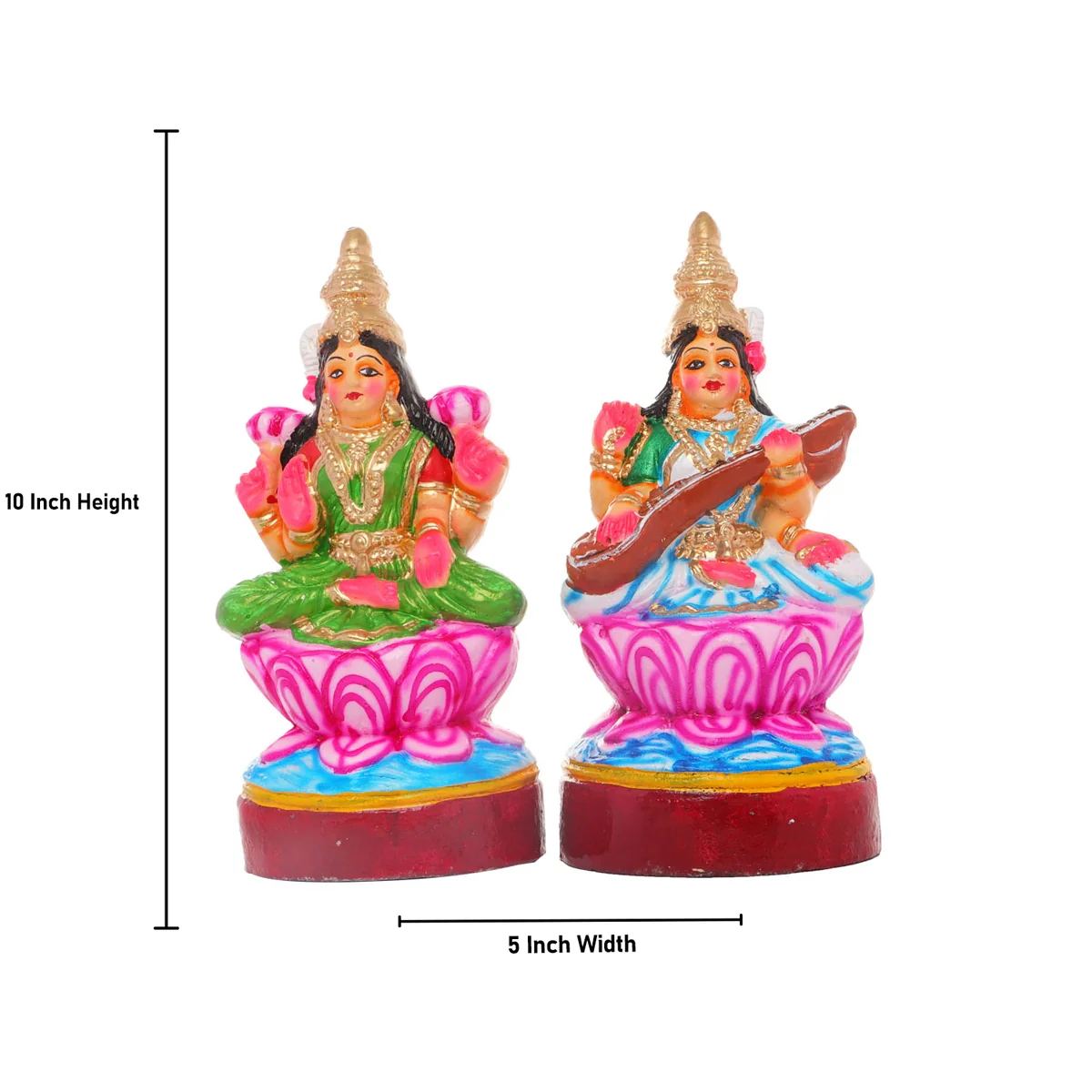 Lakshmi Saraswati Clay Golu Bommai Pair - 10 x 5 Inches | Giri Golu Doll/ Navaratri Golu Bomma/Gombe/Bommai - Image 6