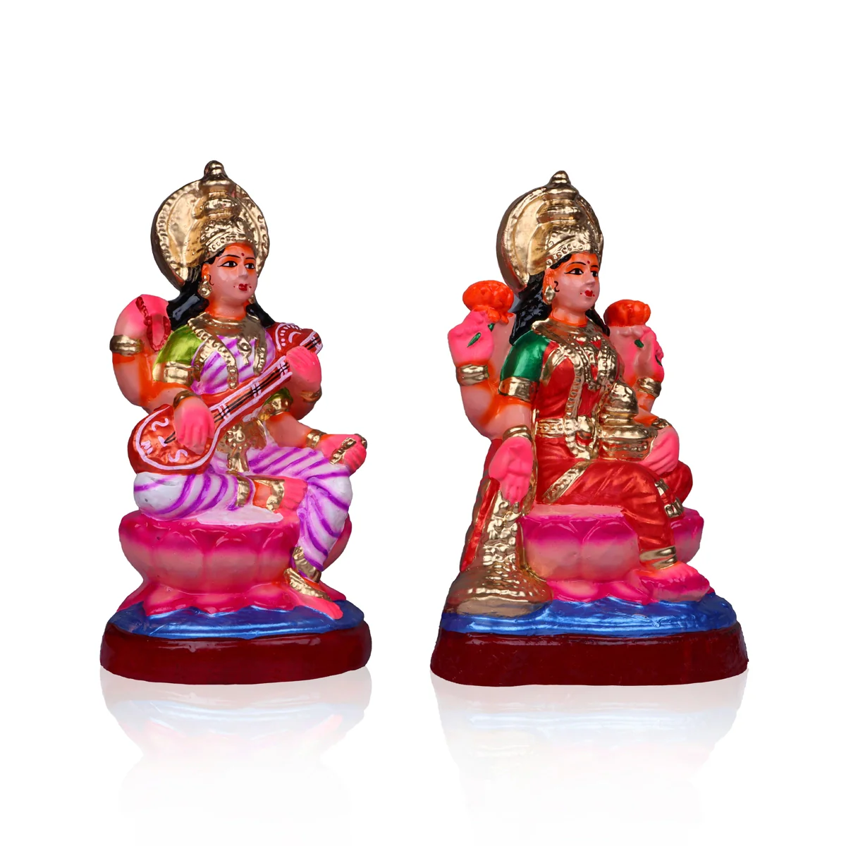 Lakshmi Saraswati Clay Golu Bommai Pair - 12 x 8.5 Inches | Giri Golu Doll/ Navaratri Golu Bomma/Gombe/Bommai - Image 4