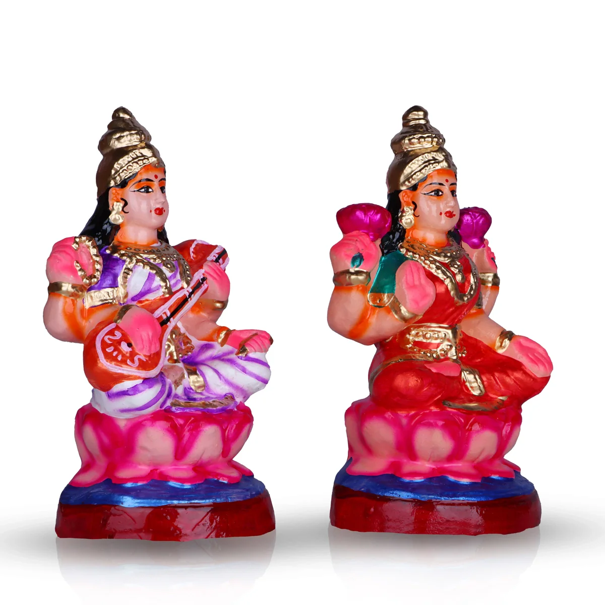 Lakshmi Saraswati Clay Golu Bommai Pair - 8 x 4 Inches | Giri Golu Doll/ Navaratri Golu Bomma/Gombe/Bommai - Image 2