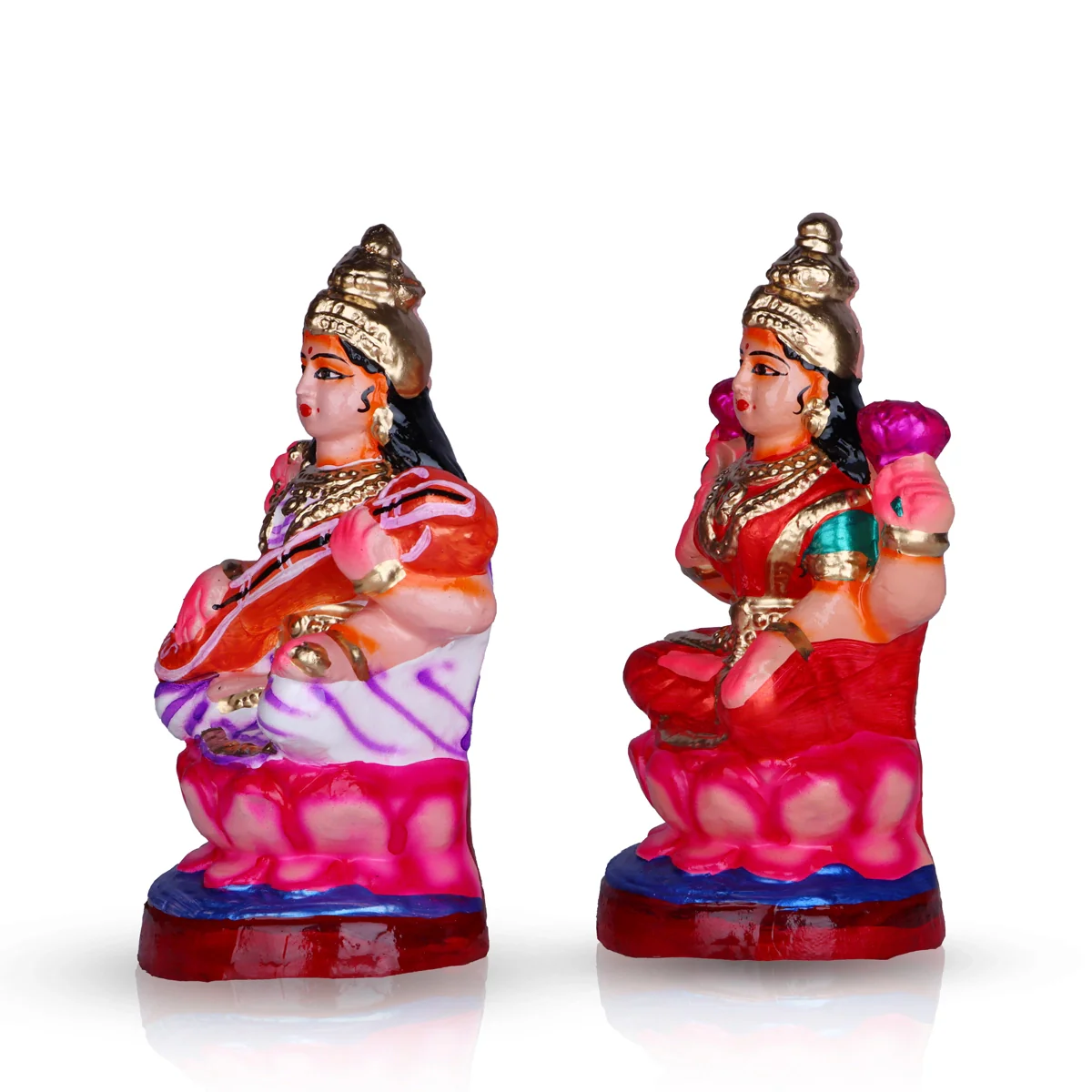 Lakshmi Saraswati Clay Golu Bommai Pair - 8 x 4 Inches | Giri Golu Doll/ Navaratri Golu Bomma/Gombe/Bommai - Image 3