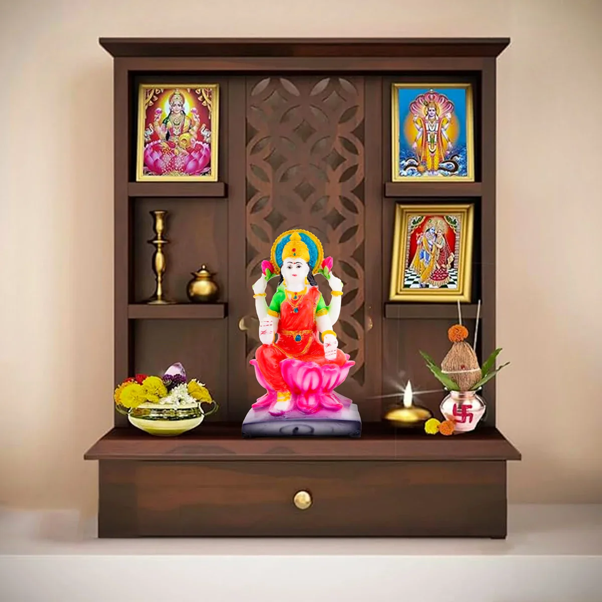 Lakshmi Sitting on Lotus - 7.5 x 4 Inches | Marble Dust Laxmi Idol/ Lakshmi Statue for Pooja - Image 6