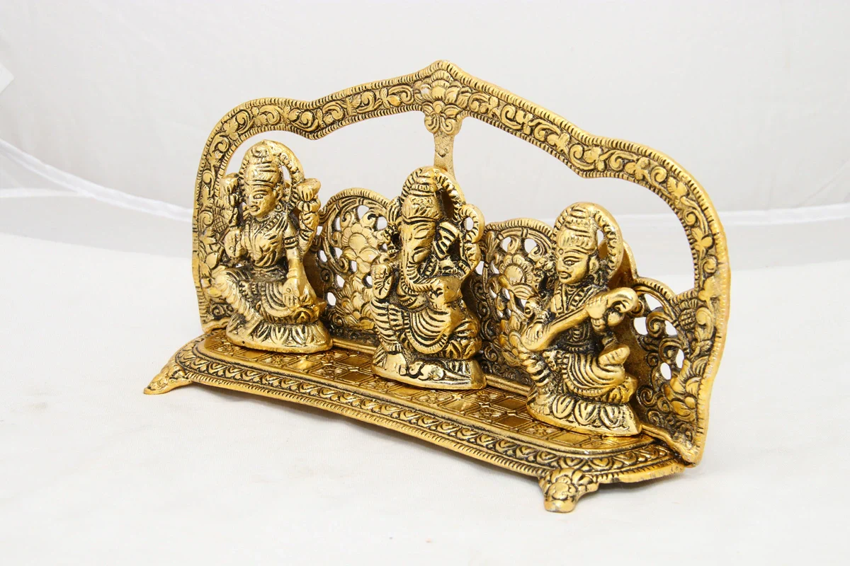 Laksmi Ganesh Saraswati Idol with Arch - 5 x 9.5 Inches | Gold Polish Murti/ Aluminium Statue for Home - Image 3