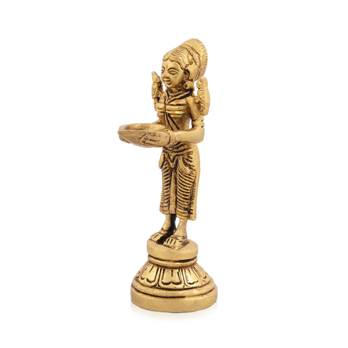 Paavai Vilakku - 5 x 1.5 Inches | Antique Brass Welcome Lady with Deep/ Pavai Lamp for Pooja/ 460 Gms Approx - Image 2