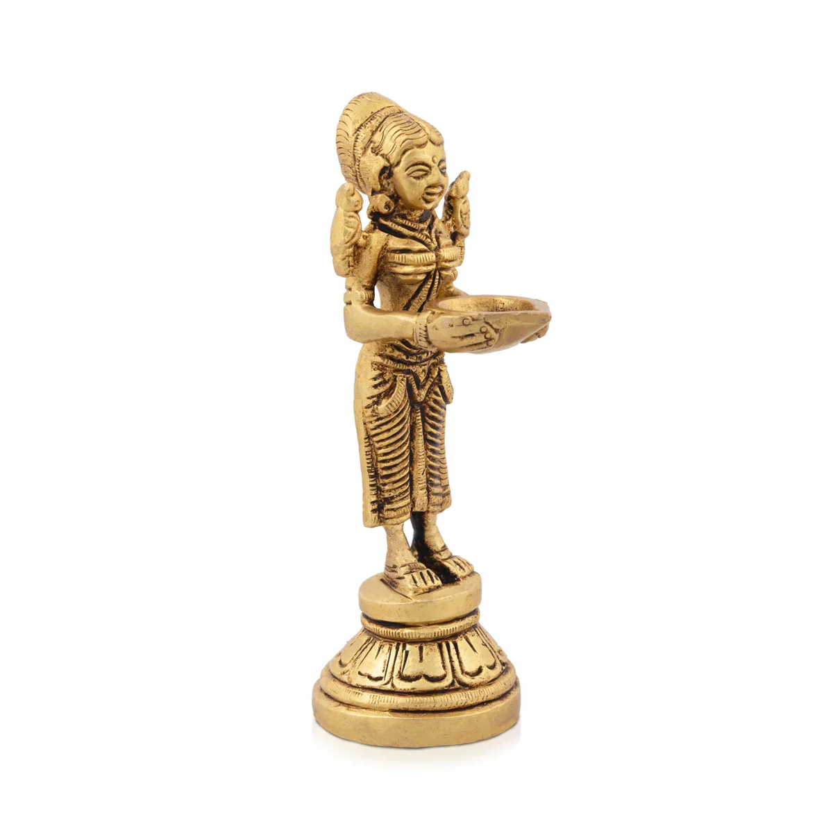 Paavai Vilakku - 5 x 1.5 Inches | Antique Brass Welcome Lady with Deep/ Pavai Lamp for Pooja/ 460 Gms Approx - Image 3