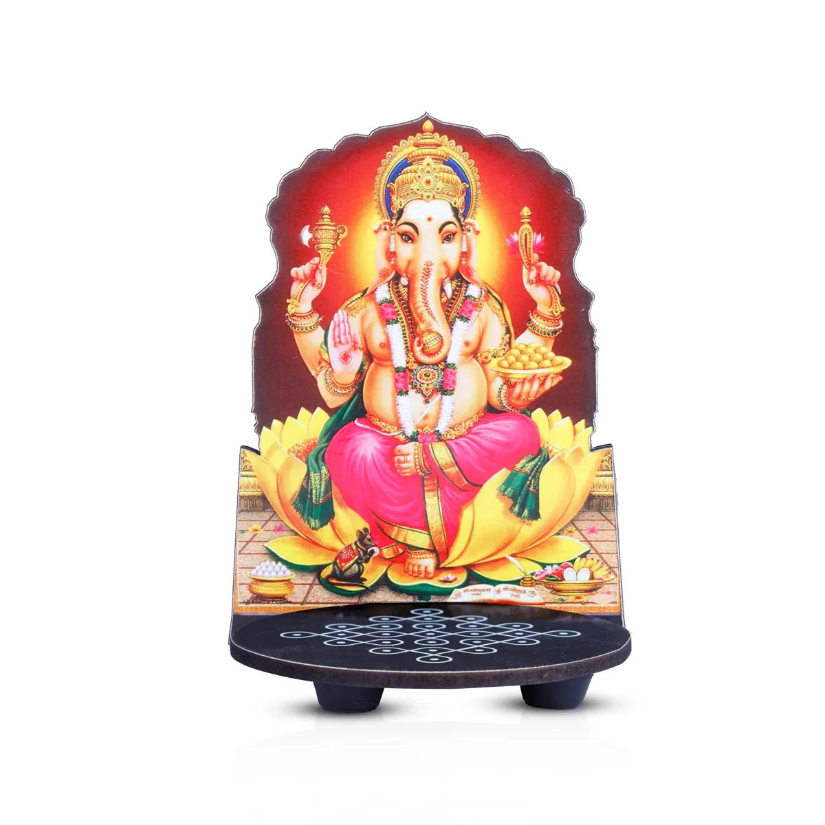 Manai Palagai With Ganesha - 5 x 4 Inches | Kolam Design Wooden Bajot With Ganesha for Pooja