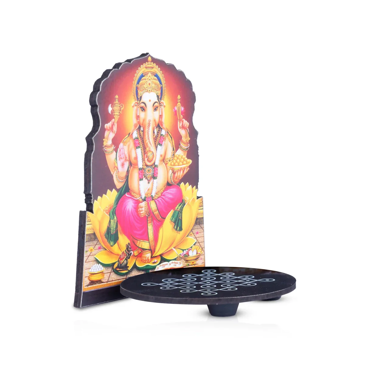 Manai Palagai With Ganesha - 5 x 4 Inches | Kolam Design Wooden Bajot With Ganesha for Pooja - Image 2
