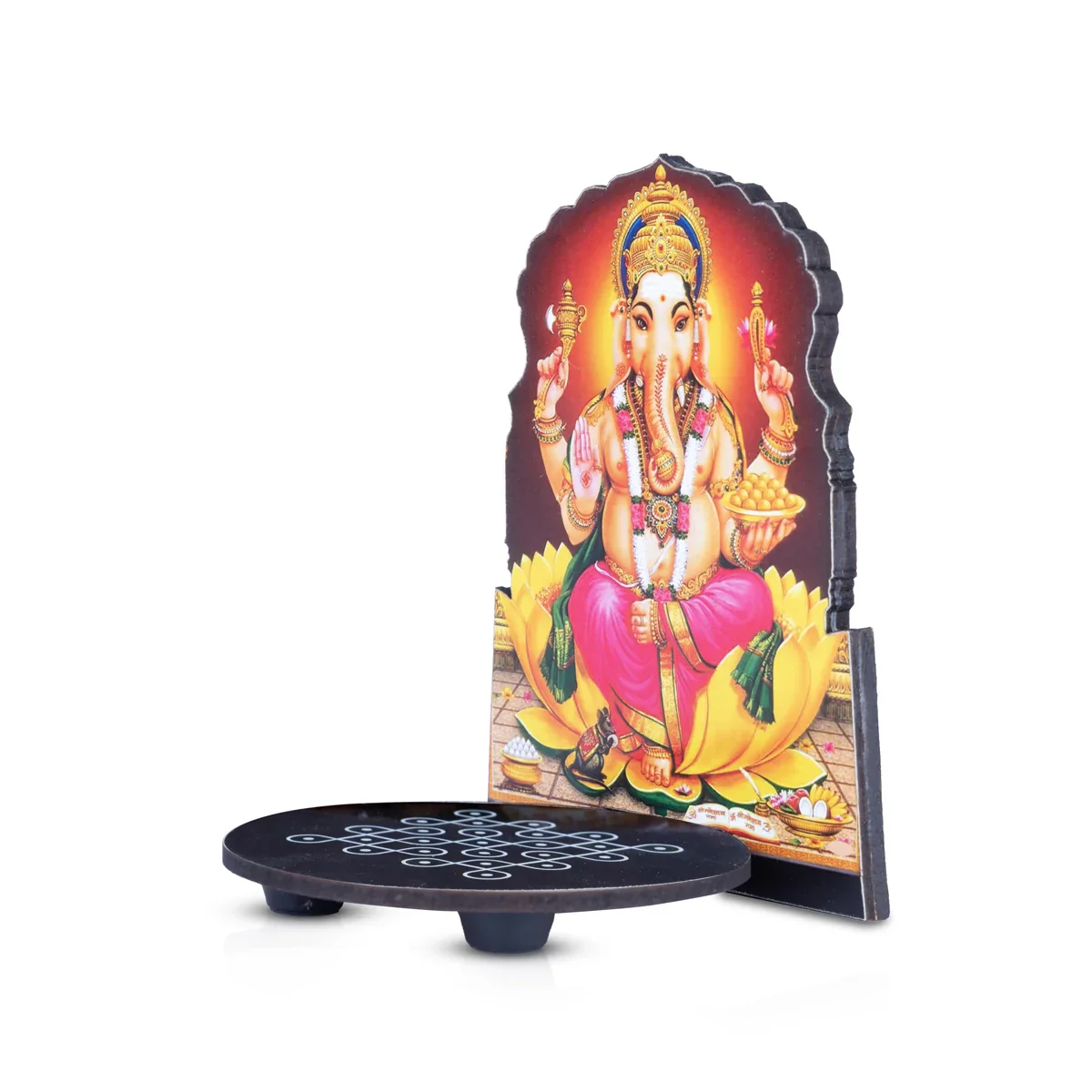 Manai Palagai With Ganesha - 5 x 4 Inches | Kolam Design Wooden Bajot With Ganesha for Pooja - Image 3