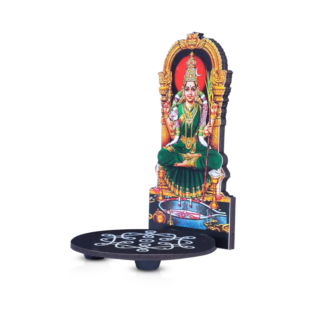 Manai Palagai With Kamakshi - 5.5 x 3.5 Inches | Kolam Design Wooden Bajot With Kamatchi for Pooja - Image 2
