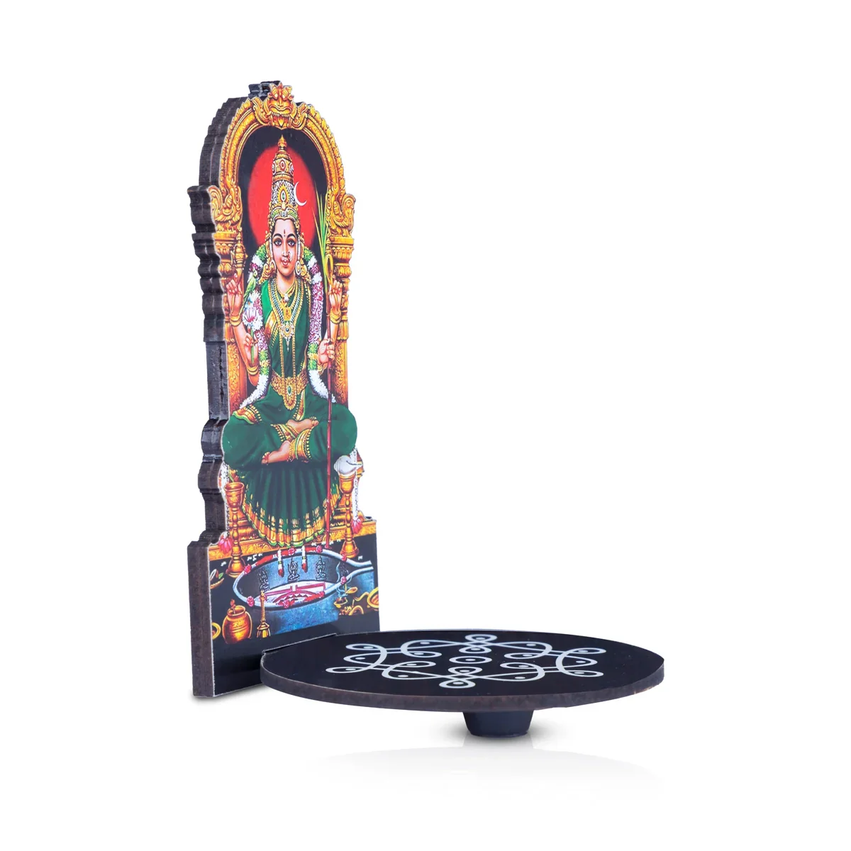 Manai Palagai With Kamakshi - 5.5 x 3.5 Inches | Kolam Design Wooden Bajot With Kamatchi for Pooja - Image 3