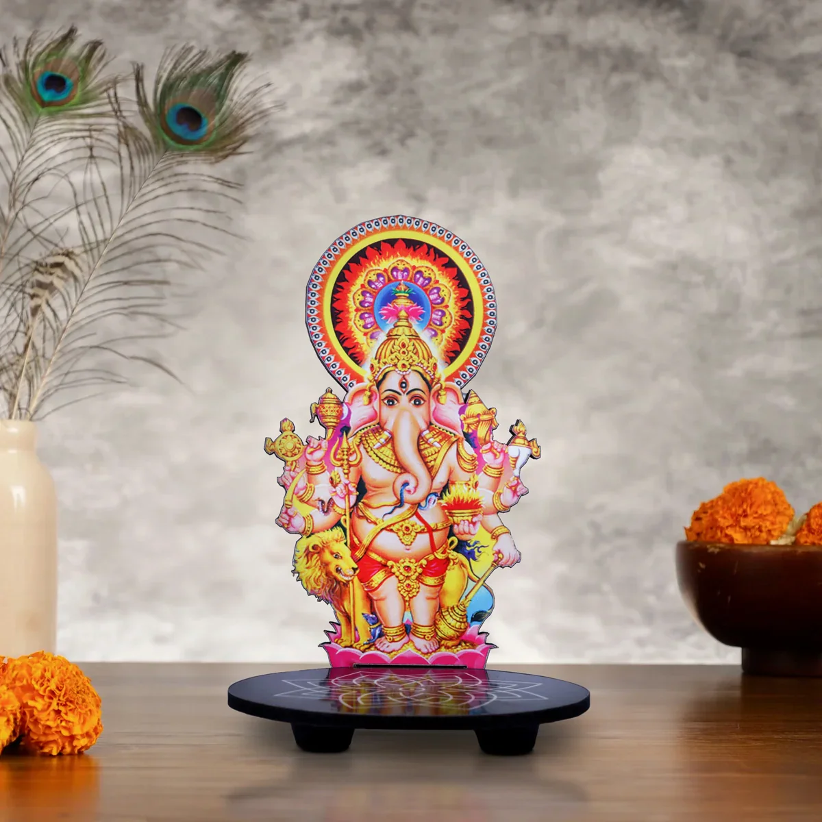 Manai Palagai With Kan Drishti Ganesha - 5 x 3.5 Inches | Kolam Design Wooden Bajot for Pooja