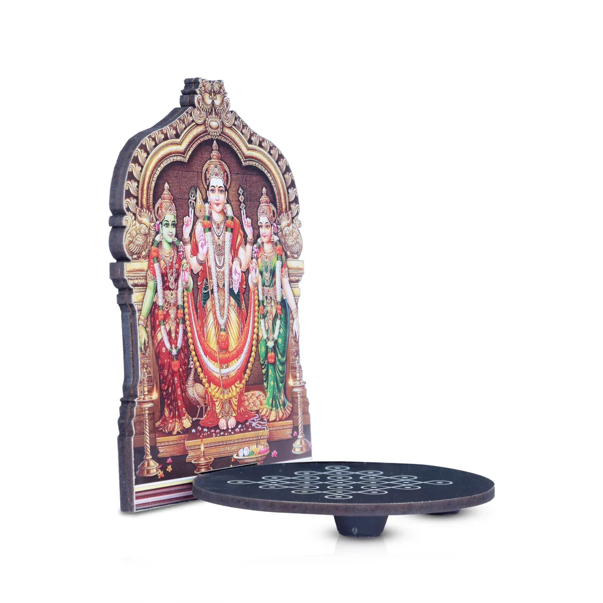 Manai Palagai With Murugan Valli Deivanai - 5 x 4 Inches | Kolam Design Wooden Bajot for Pooja - Image 2