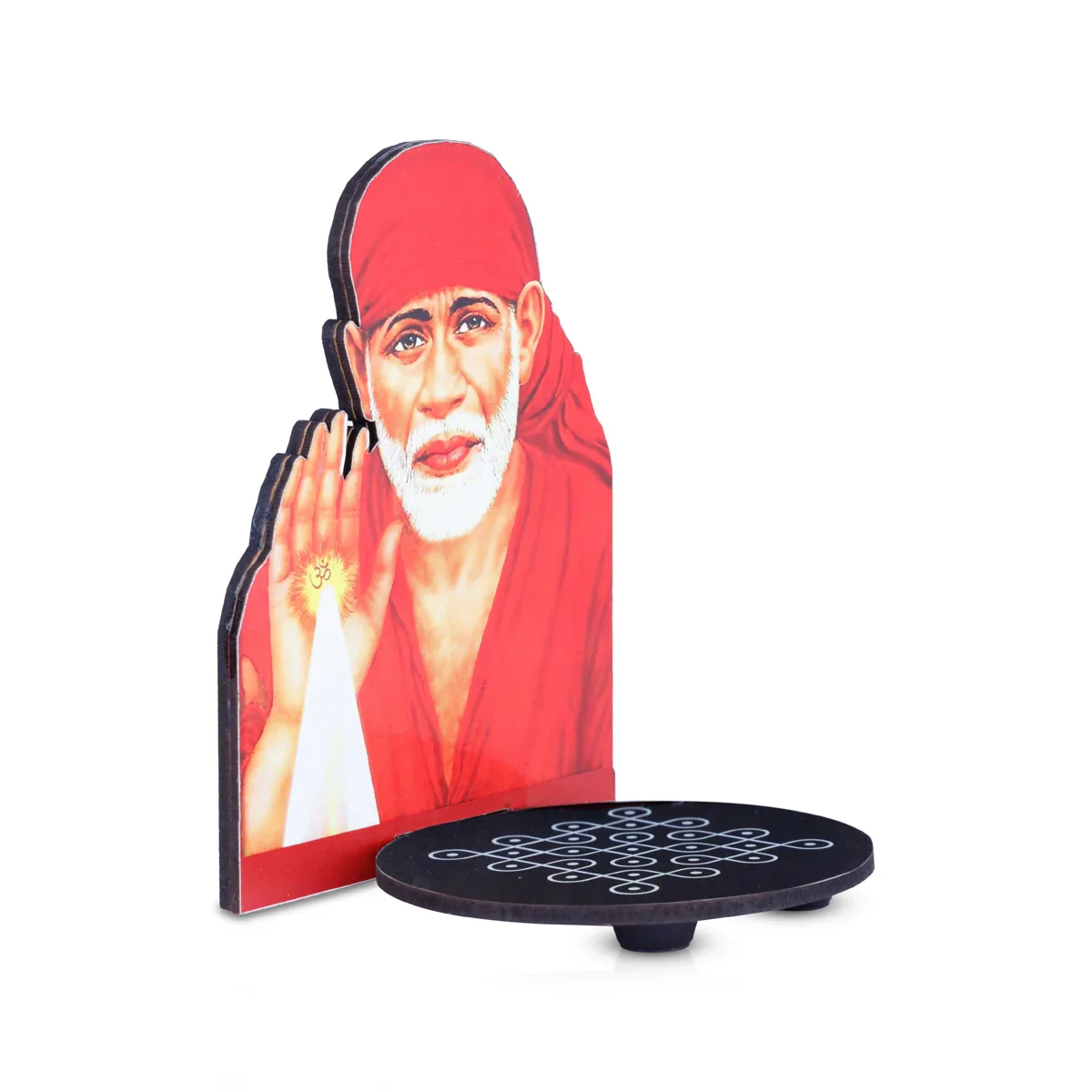 Manai Palagai With Saibaba - 5.5 x 4 Inches | Kolam Design Wooden Bajot With Saibaba for Pooja - Image 2